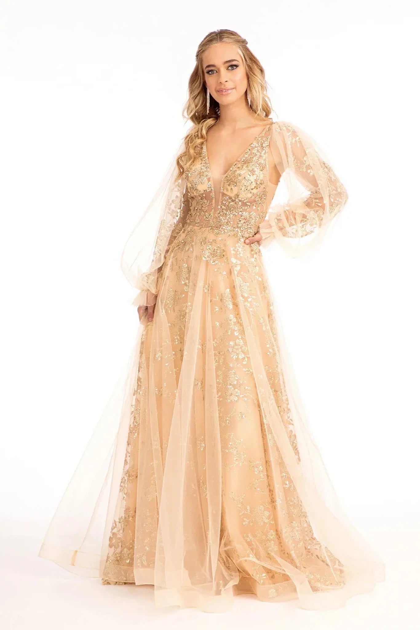 Champagne glitter sequin long sleeve mother of the bride dress full front view