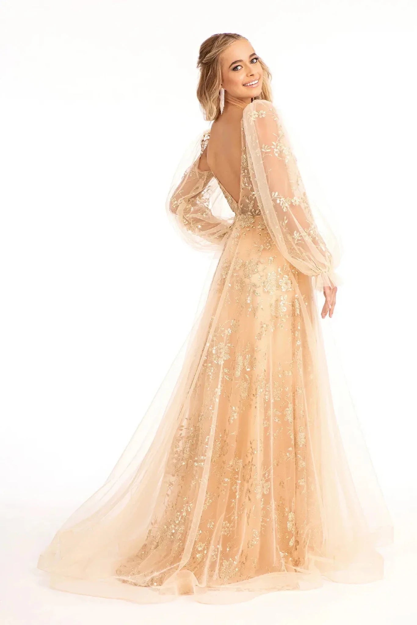 Champagne glitter sequin long sleeve mother of the bride dress full back view