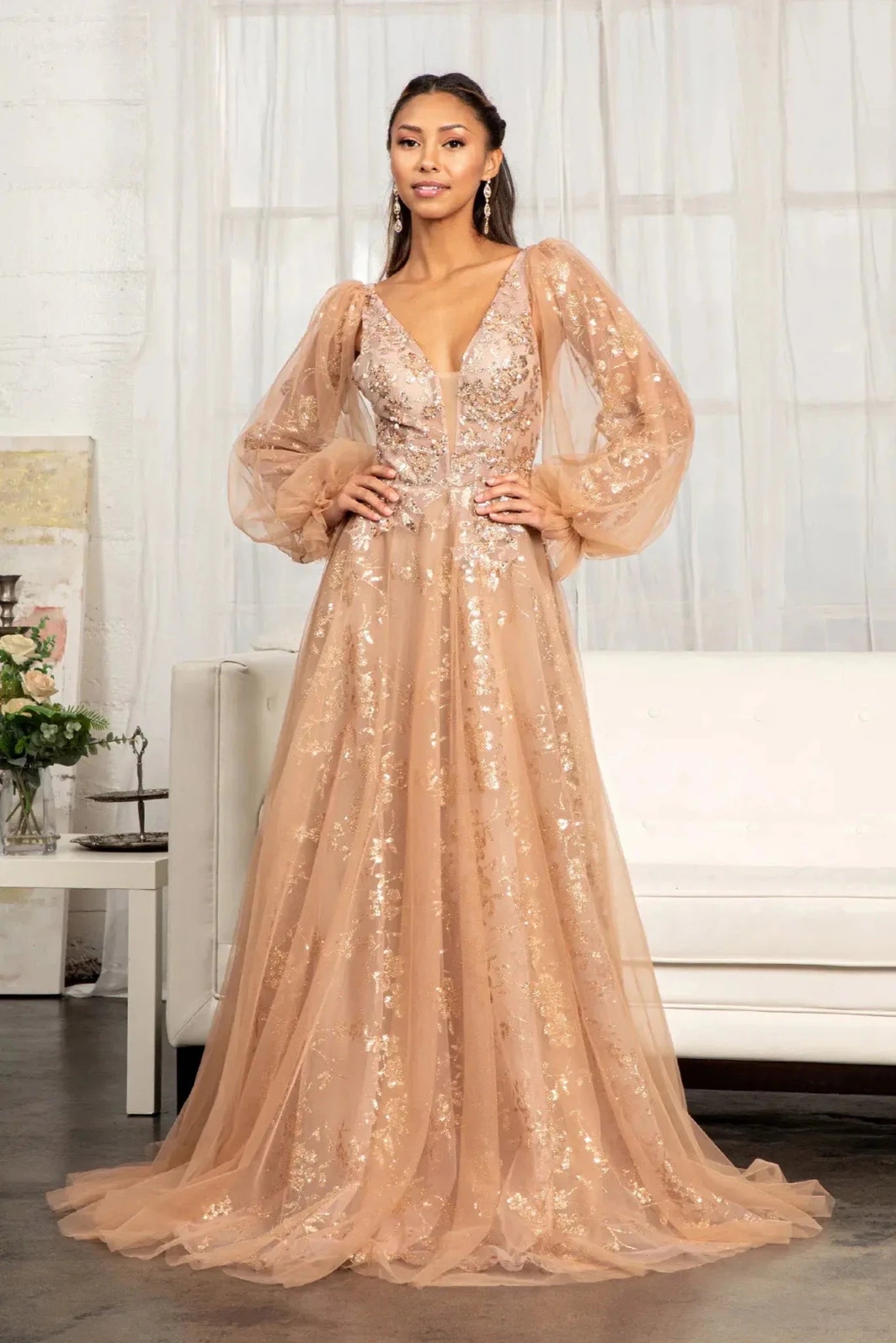 Sienna glitter sequin long sleeve mother of the bride dress full front view