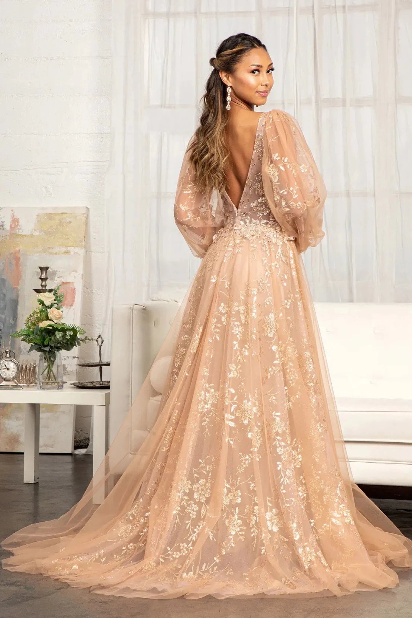 Sienna glitter sequin long sleeve mother of the bride dress full back view