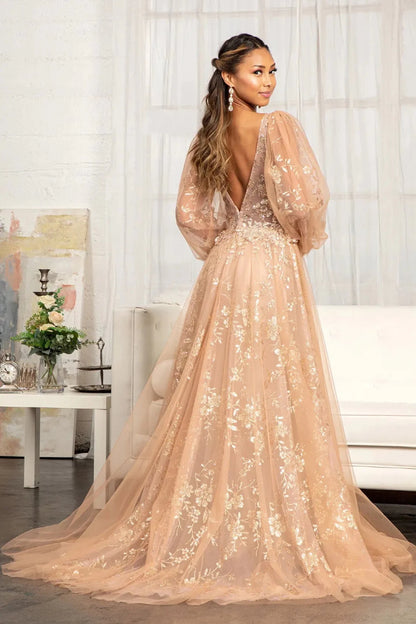 Rear view reveals sienna glitter sequin long sleeve mother of the bride dress.