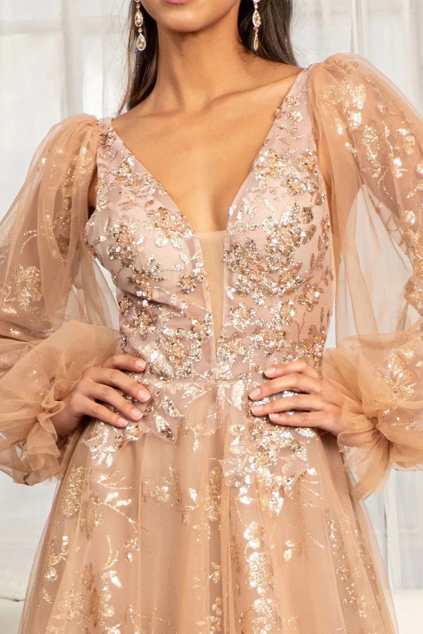 Sienna glitter sequin long sleeve mother of the bride dress front bodice view