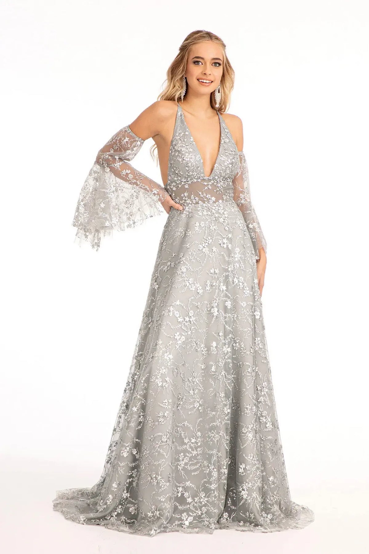 Gray mother of the bride dress with wide floral bell sleeves