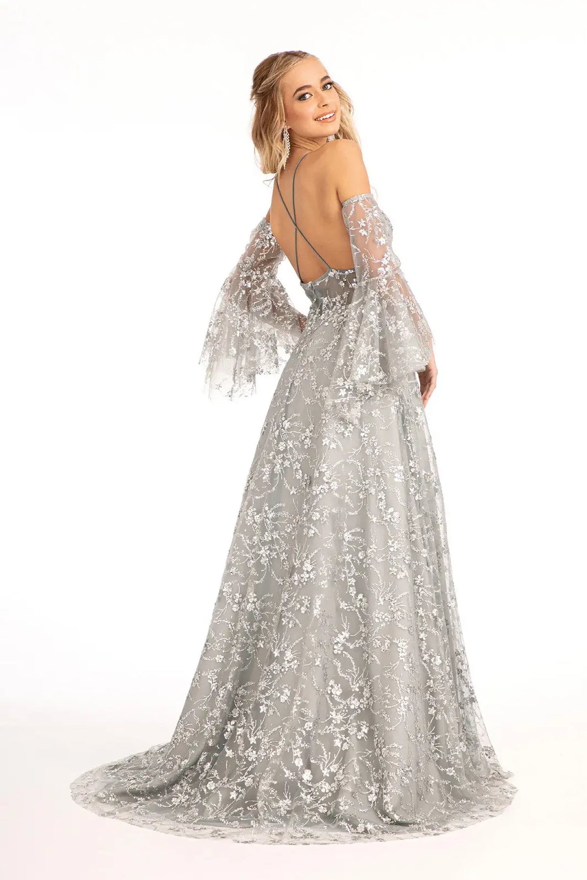 Gray mother of the bride dress with a sweeping glitter train