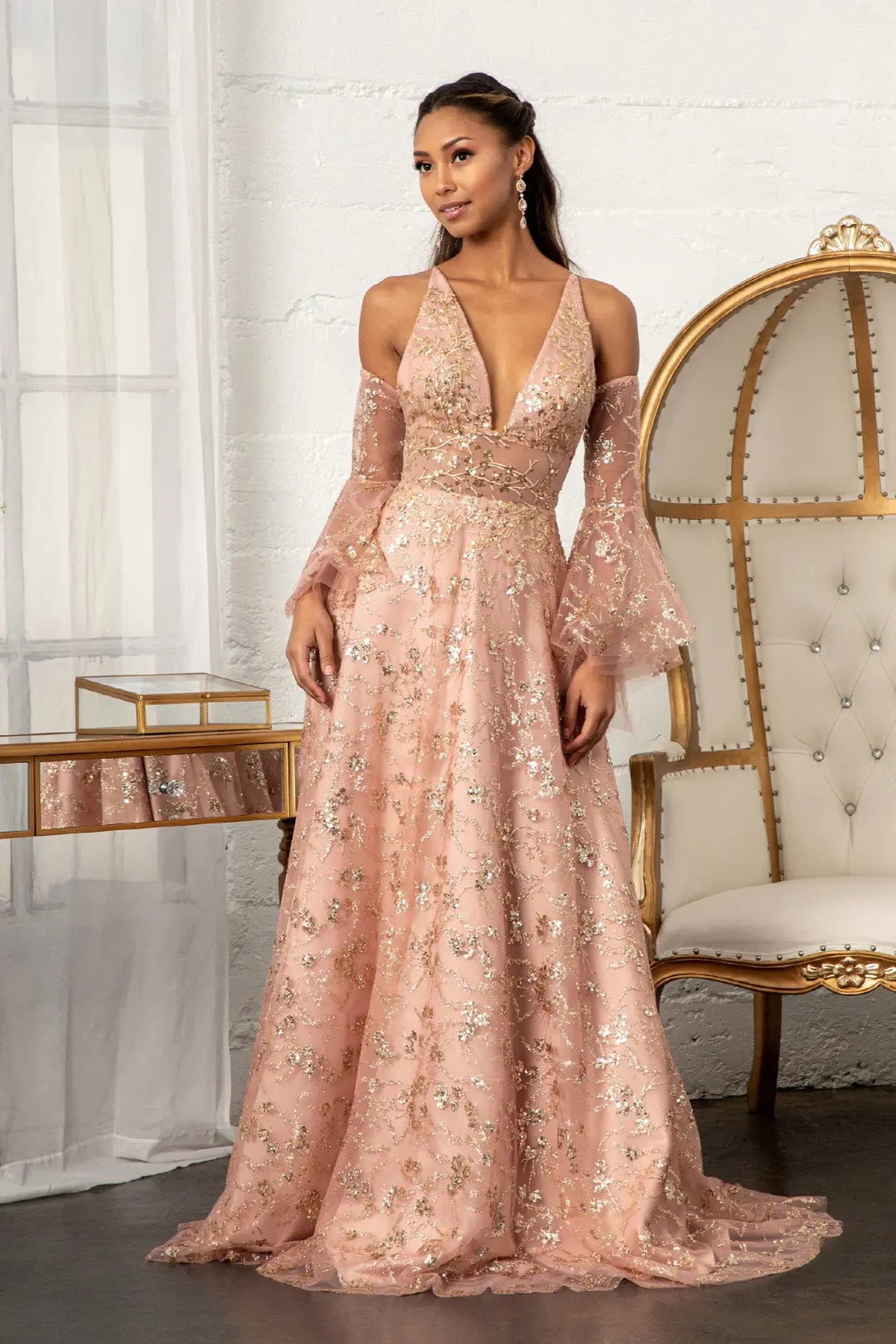 Rose Gold mother of the bride dress with sheer floral bell sleeves