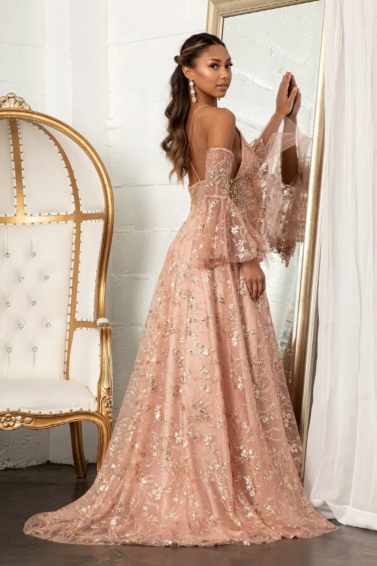 Rose Gold mother of the bride dress with a flowing glitter A-line train