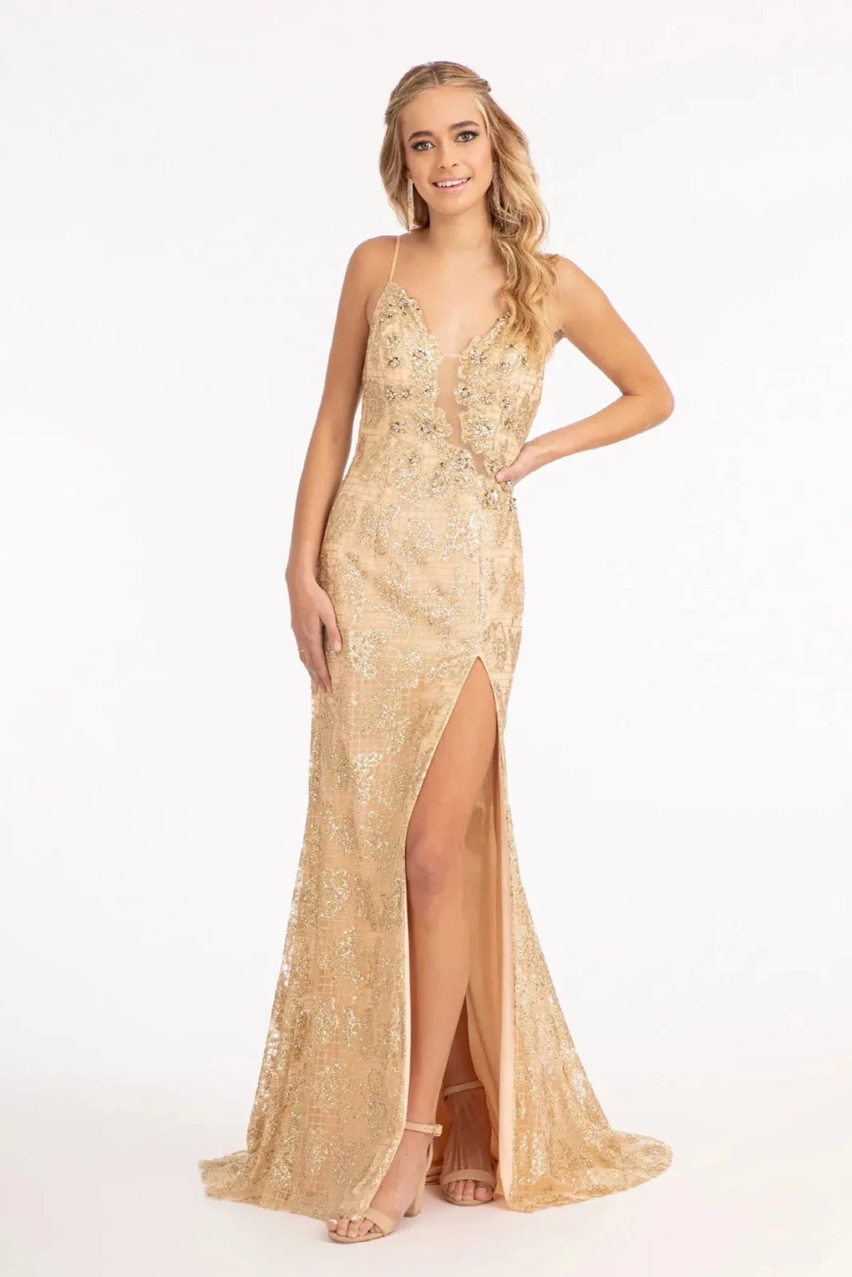 Bodice close-up reveals beadwork, glitter, and jewel accents across the scoop-neck upper bodice of the Champagne prom evening dress.
