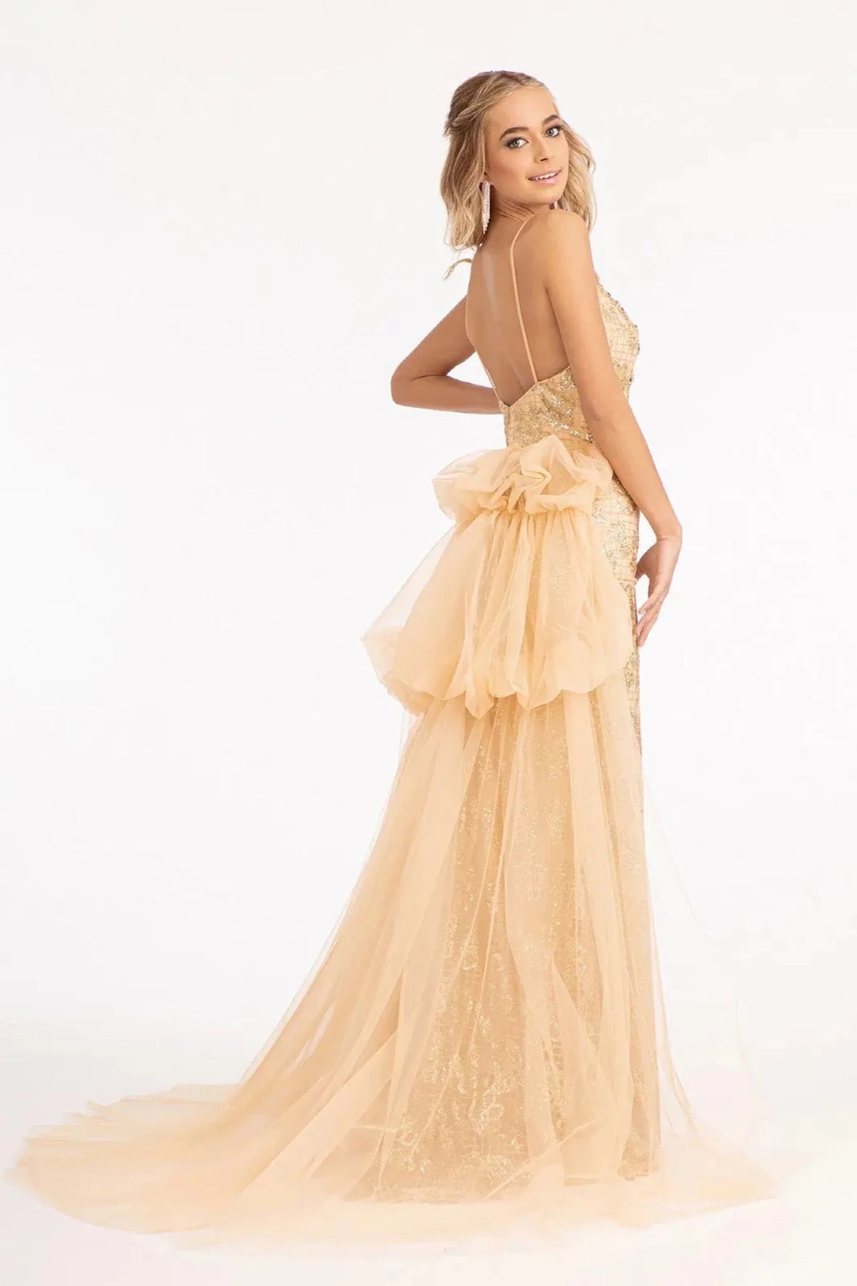 Along the dress, glitter netting and mesh train creates a distinctive finish on the Champagne prom evening dress.