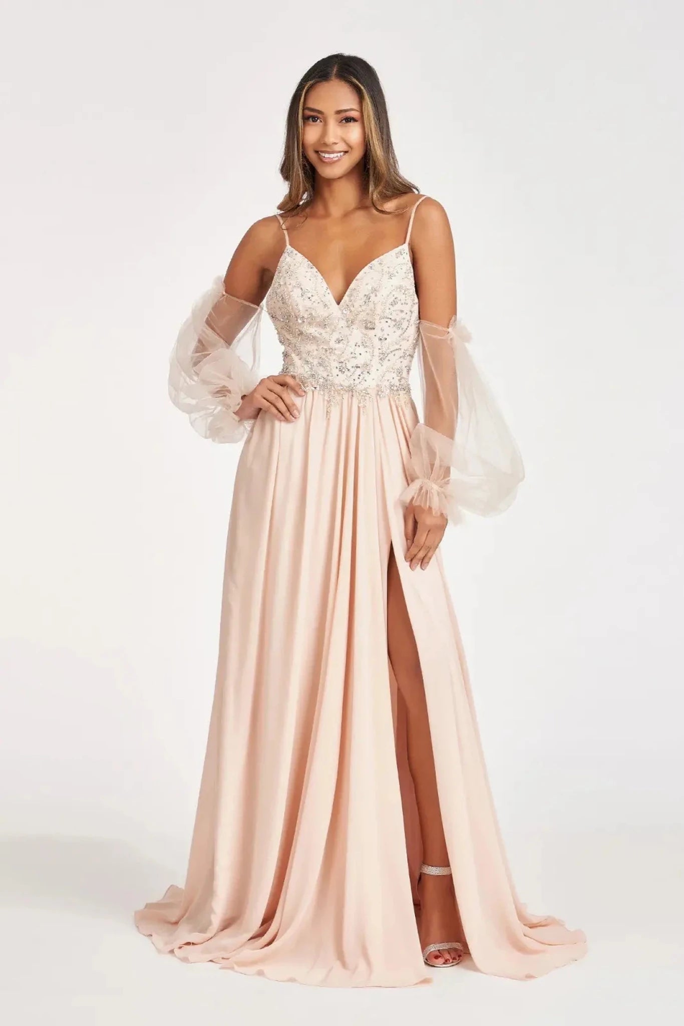 Champagne chiffon detachable sleeve mother of the bride dress full front view
