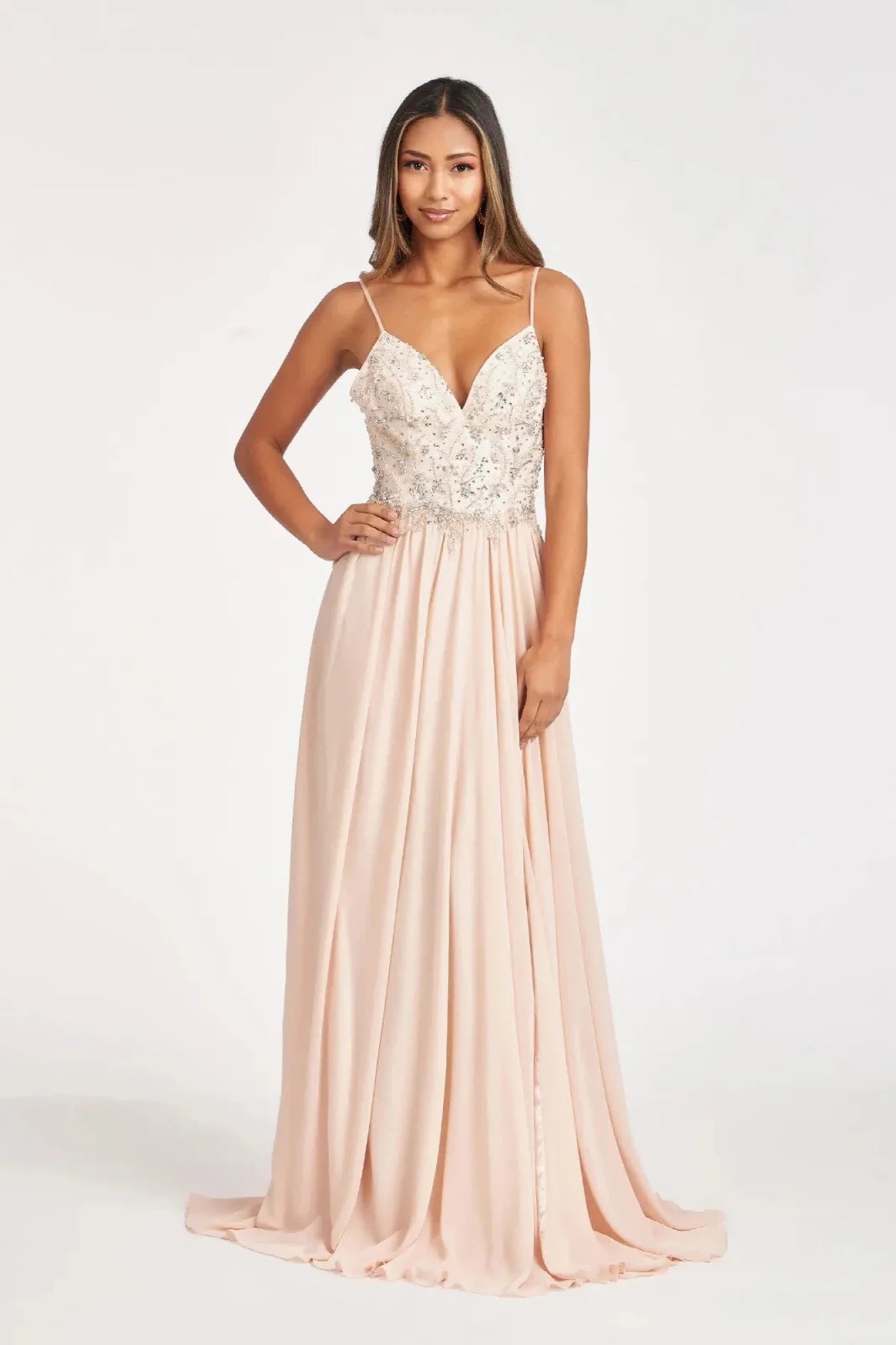 Champagne chiffon detachable sleeve mother of the bride dress front bodice view