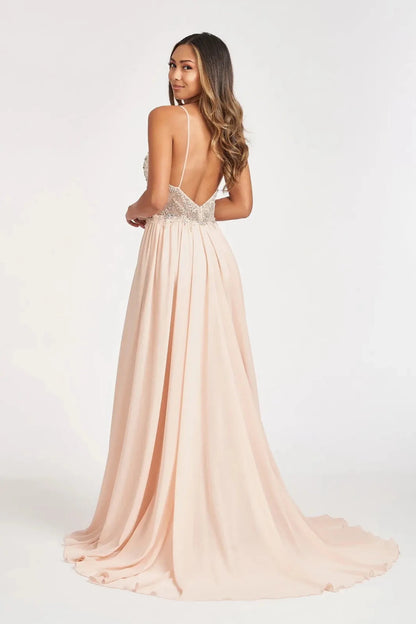 Detailed view highlights champagne chiffon detachable sleeve mother of the bride dress.