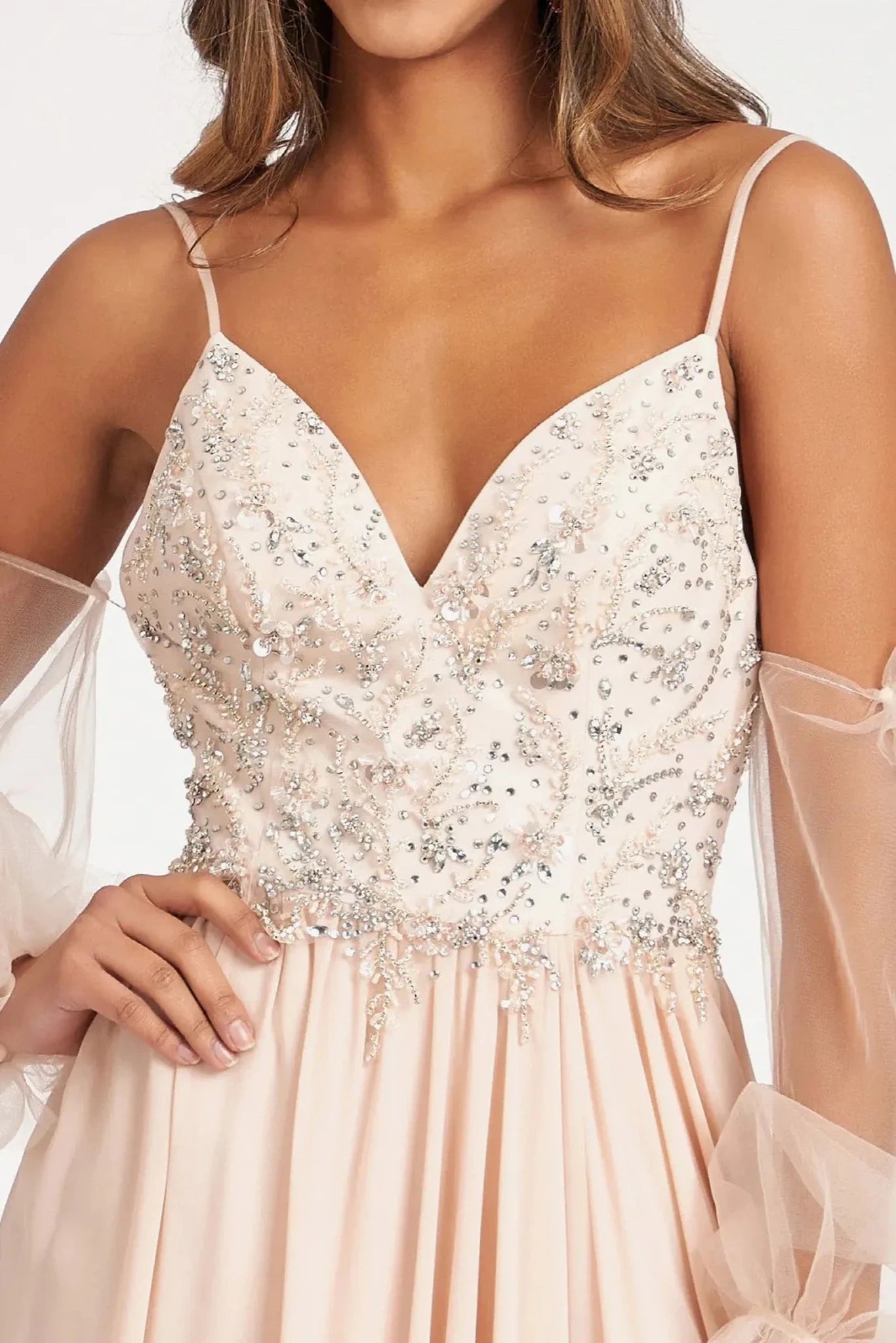 Champagne chiffon detachable sleeve mother of the bride dress dress detail view