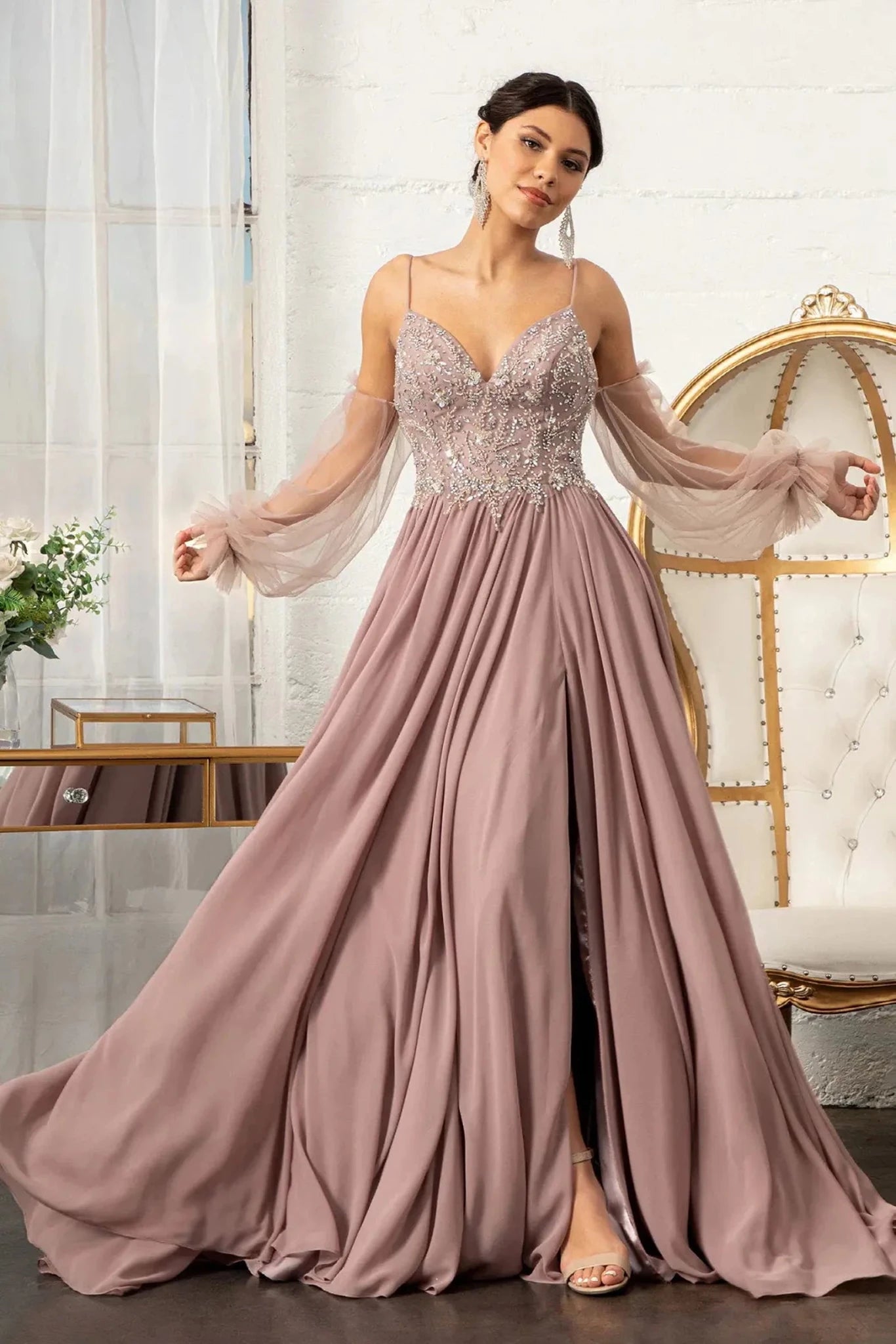 Mauve chiffon detachable sleeve mother of the bride dress full front view