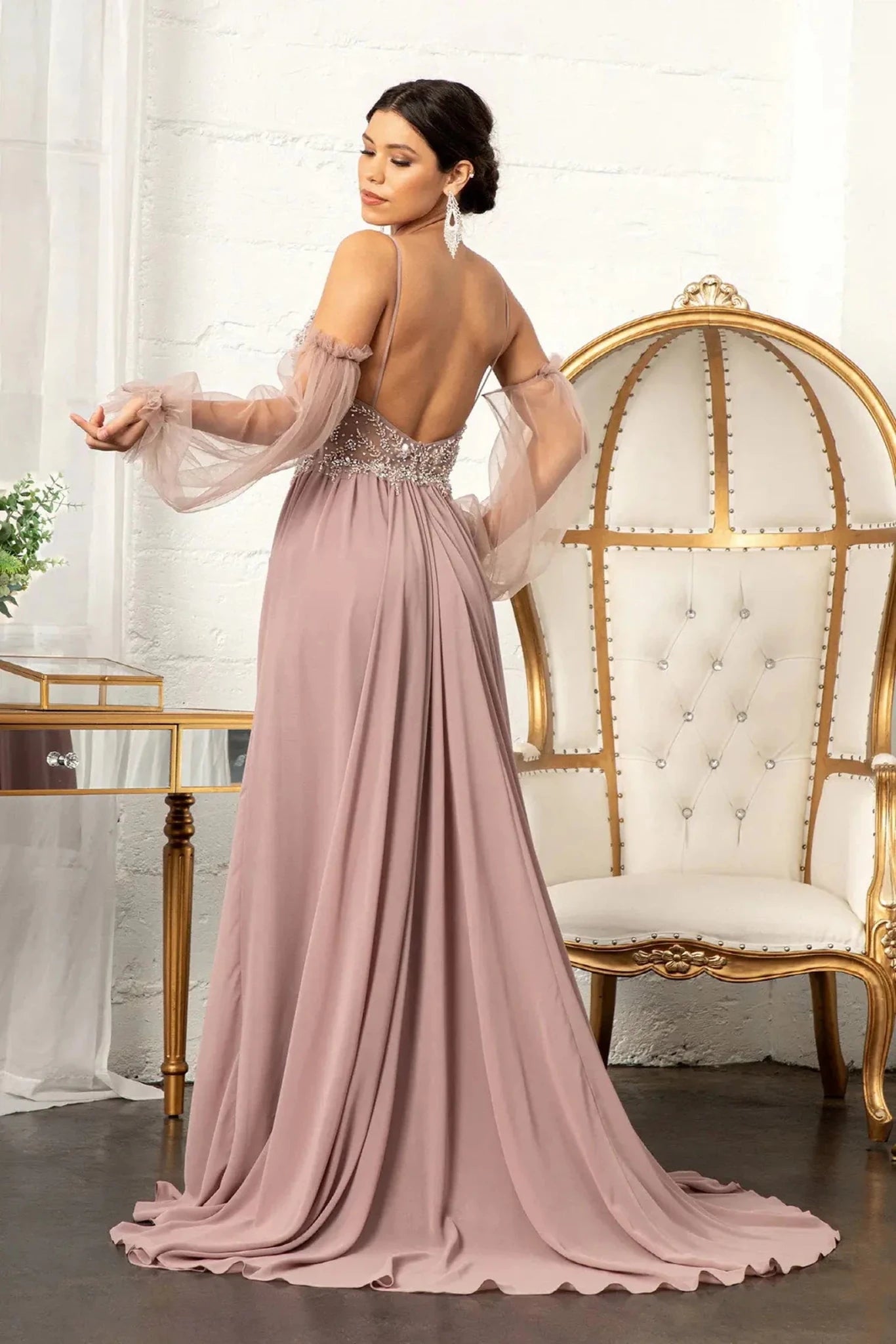 Mauve chiffon detachable sleeve mother of the bride dress full back view