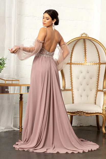 Rear view reveals mauve chiffon detachable sleeve mother of the bride dress.