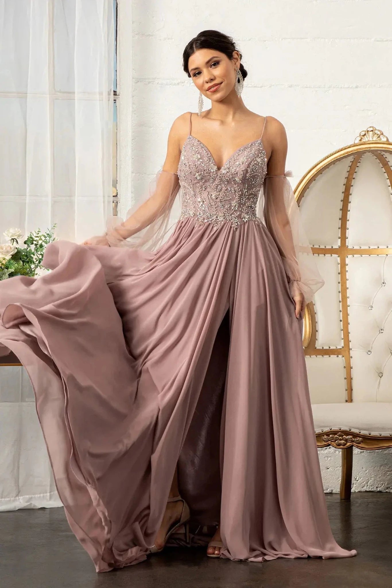 Mauve chiffon detachable sleeve mother of the bride dress front bodice view