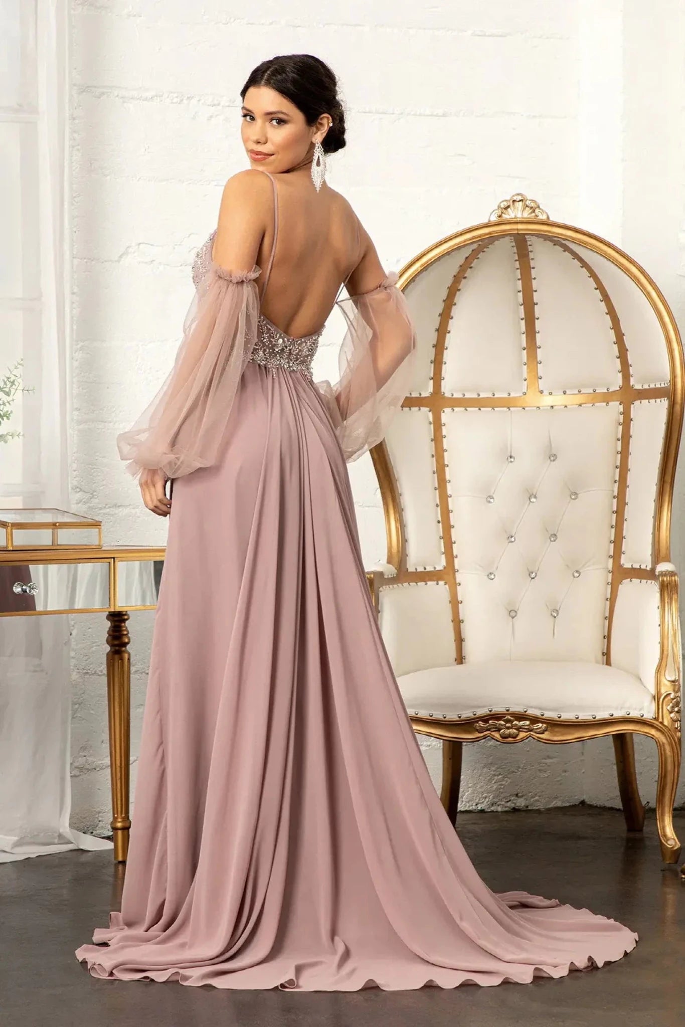 Mauve chiffon detachable sleeve mother of the bride dress dress detail view