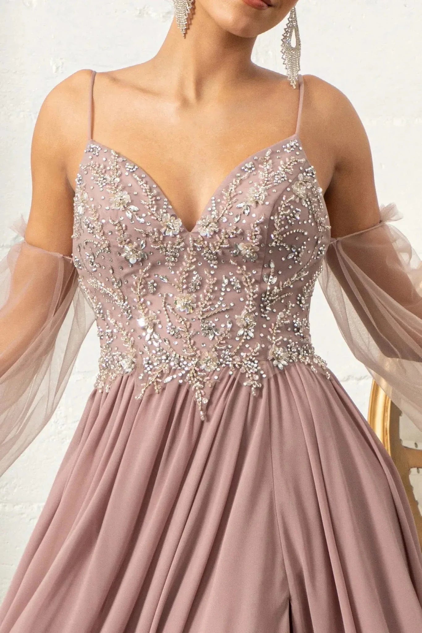 Mauve chiffon detachable sleeve mother of the bride dress dress detail view