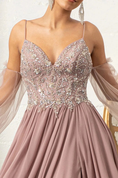 Intricate features stand out across mauve chiffon detachable sleeve mother of the bride dress.
