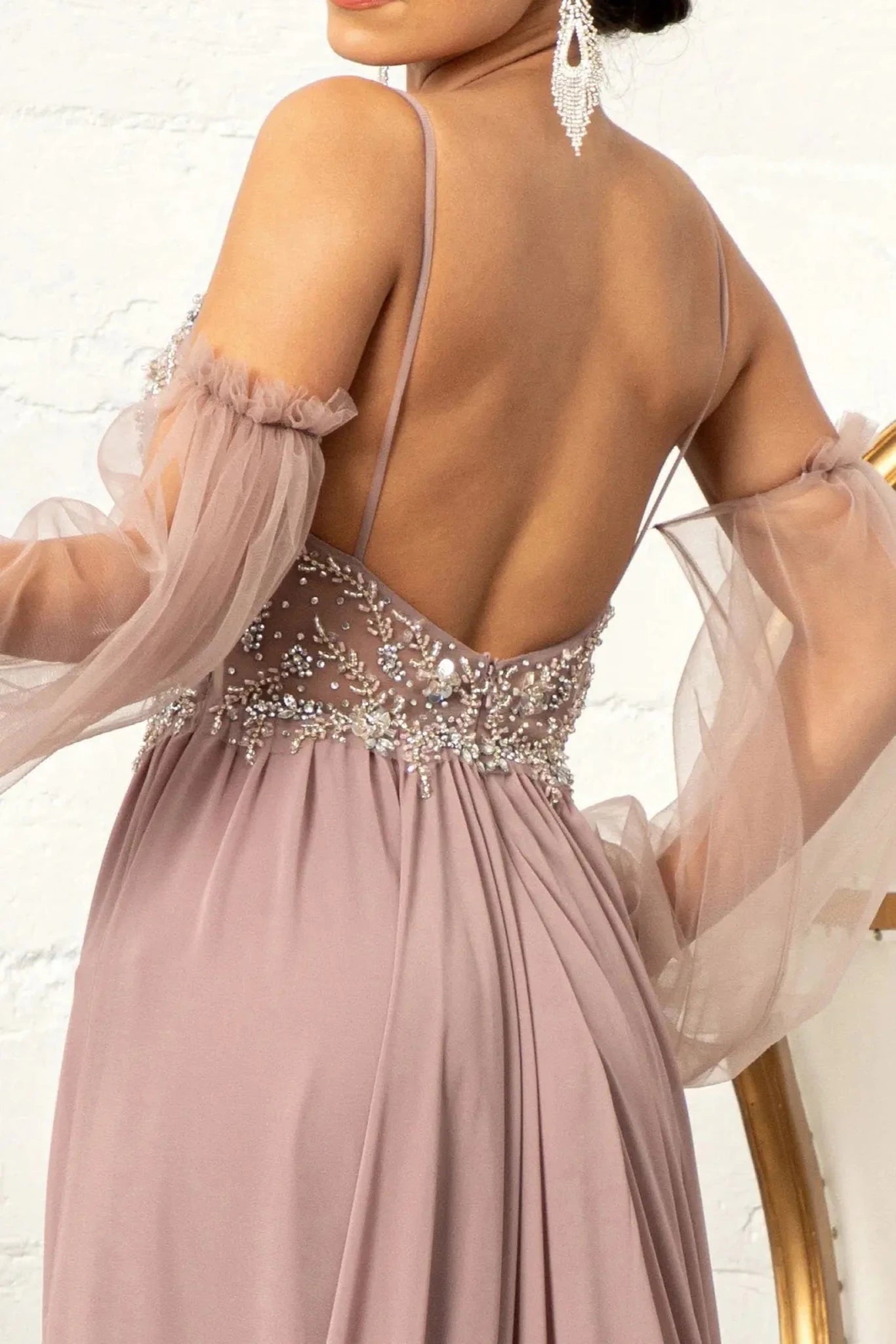 Mauve chiffon detachable sleeve mother of the bride dress dress detail view