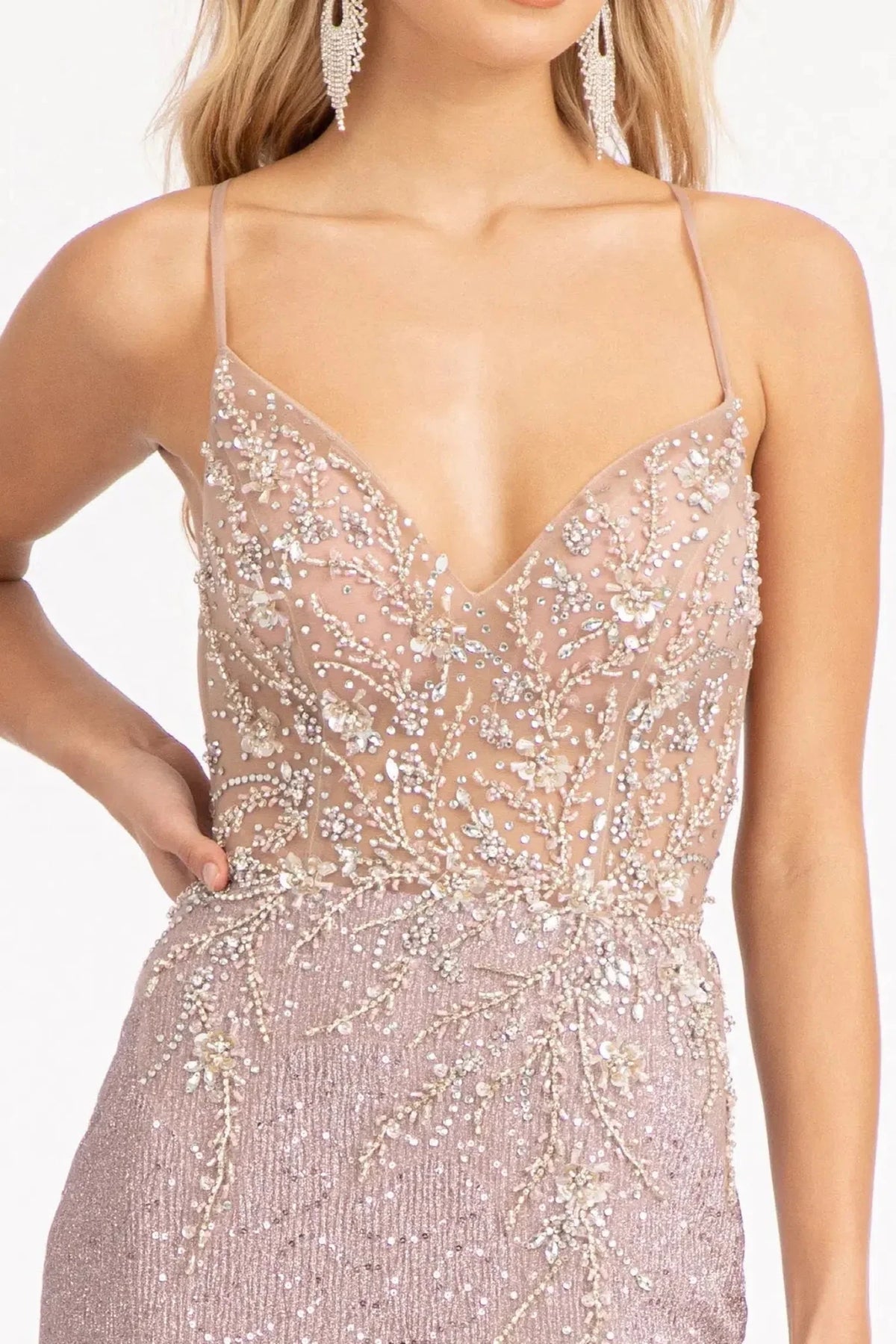 Rose Gold v-neck prom evening dress upper front with beads