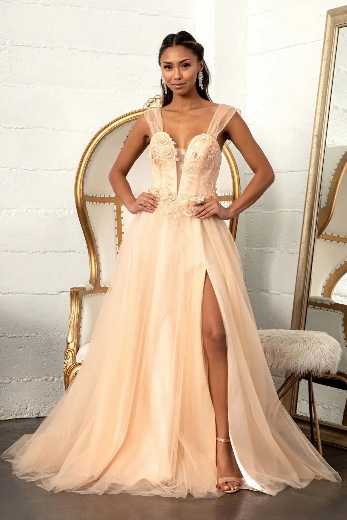 Champagne appliqué prom evening dress full front