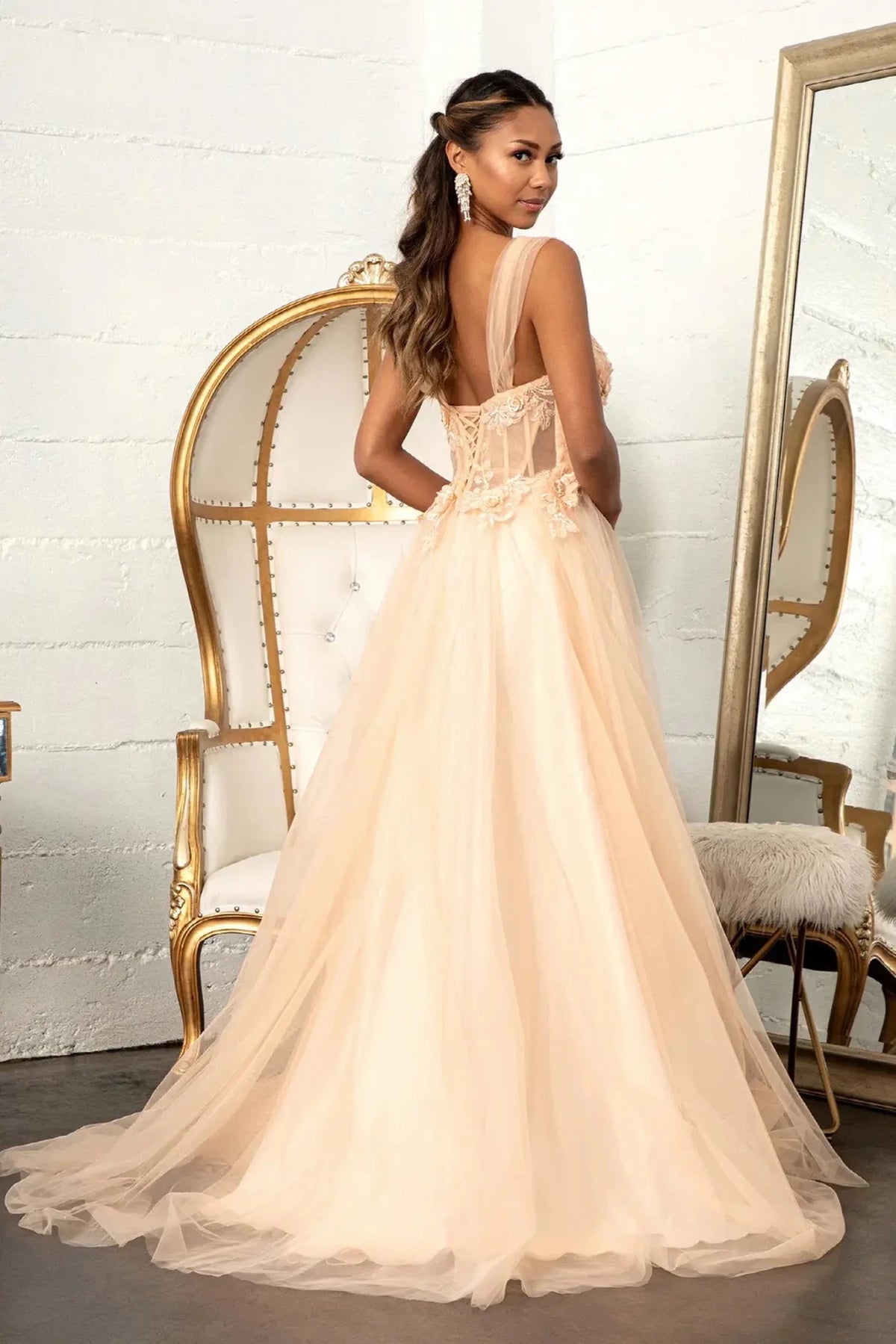 Champagne prom evening dress full back with lace-up back