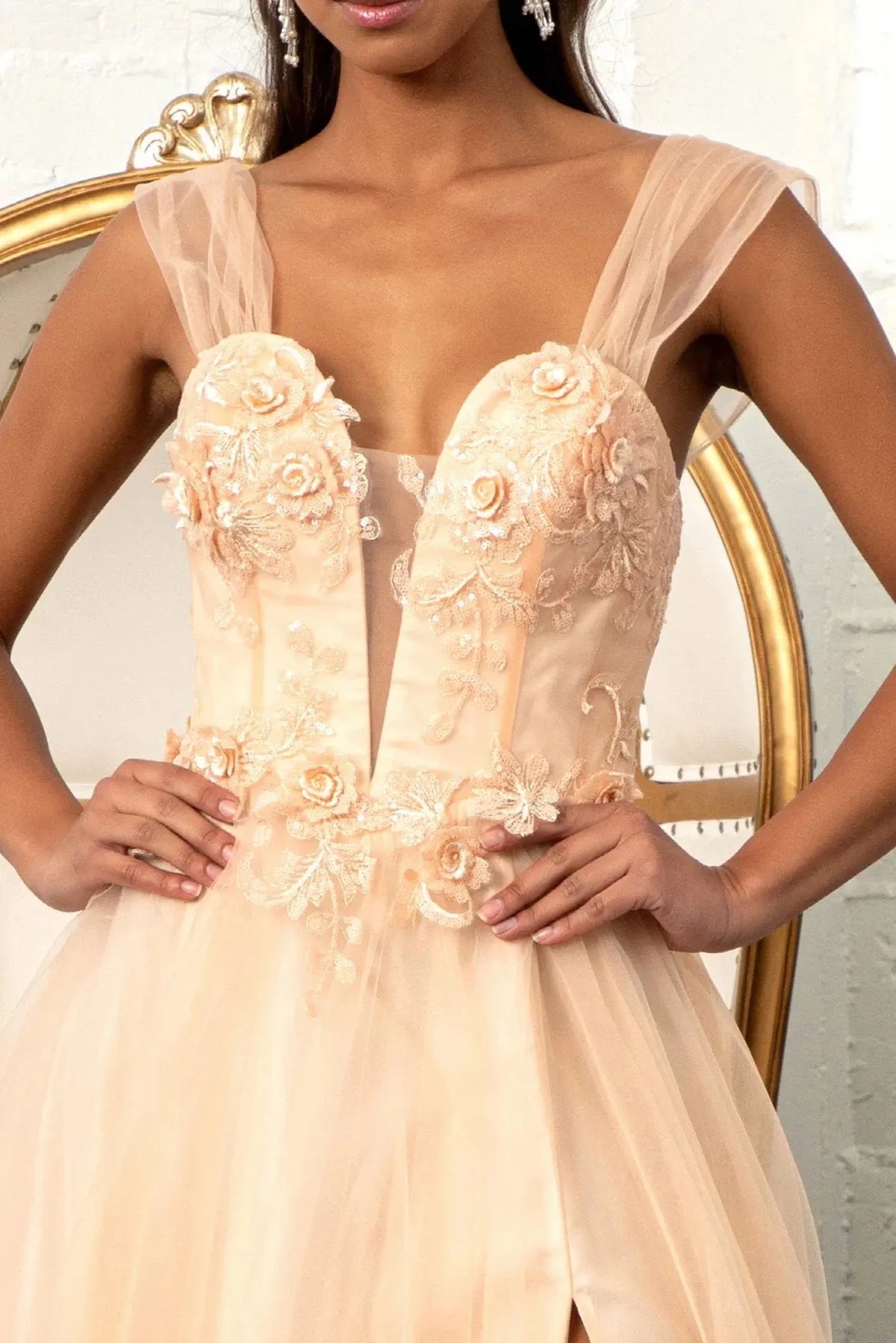 Champagne illusion sweetheart prom evening dress upper front with applique, embroidery, sequin