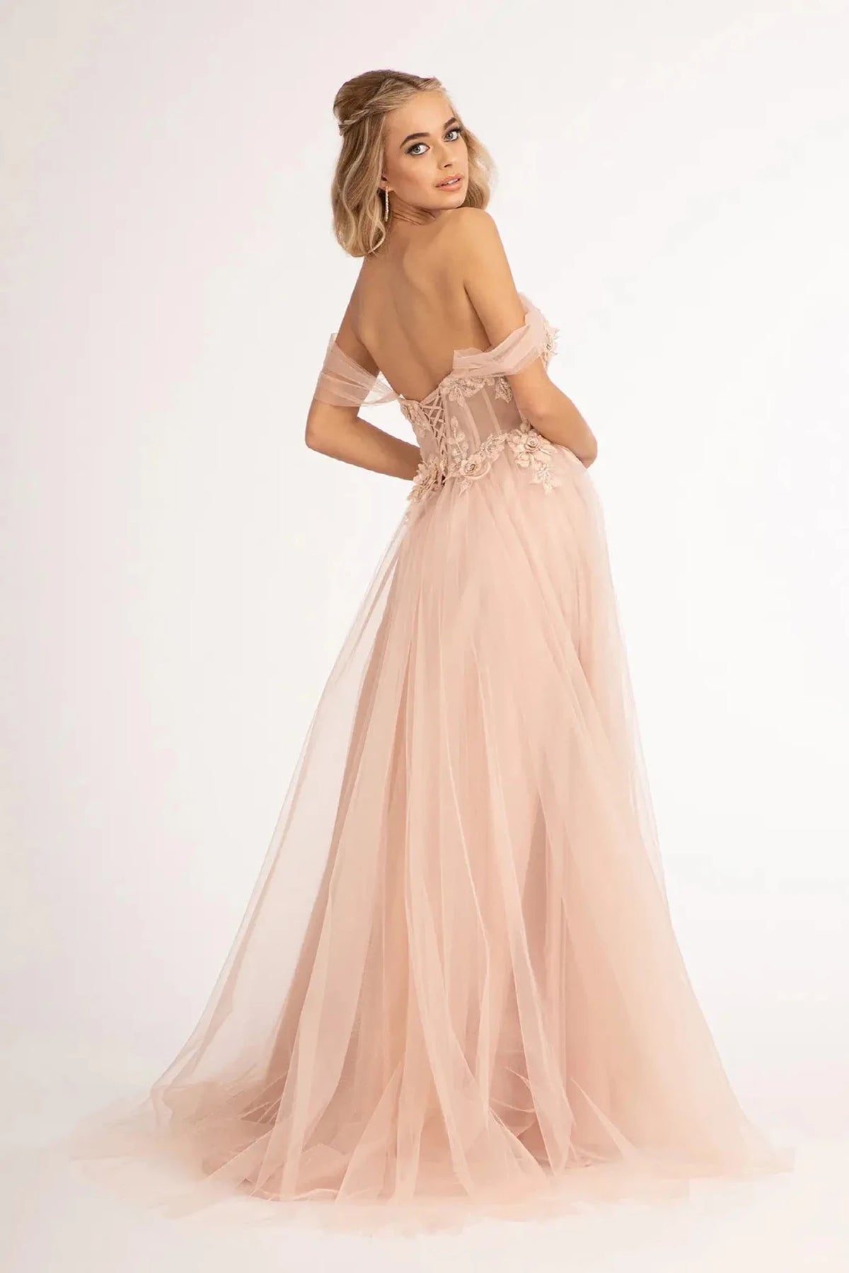 Rose Gold prom evening dress full back with lace-up back