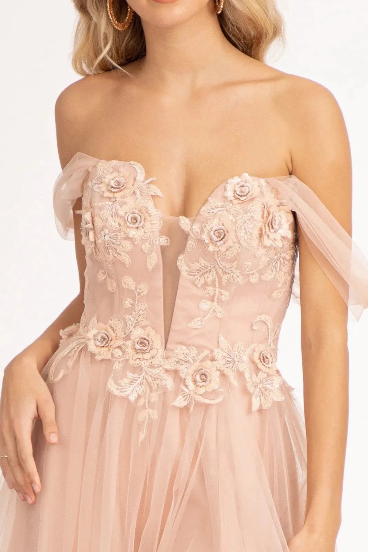 Rose Gold illusion sweetheart prom evening dress upper front with applique, embroidery, sequin