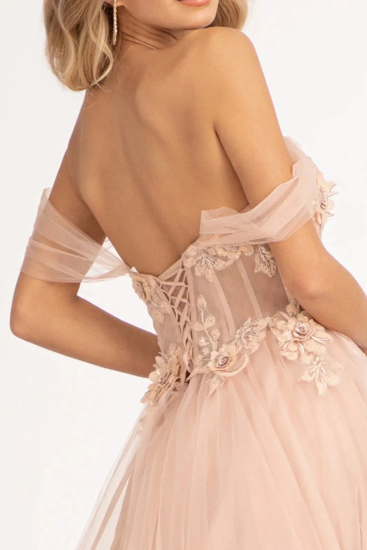 Rose Gold prom evening dress a-line skirt detail