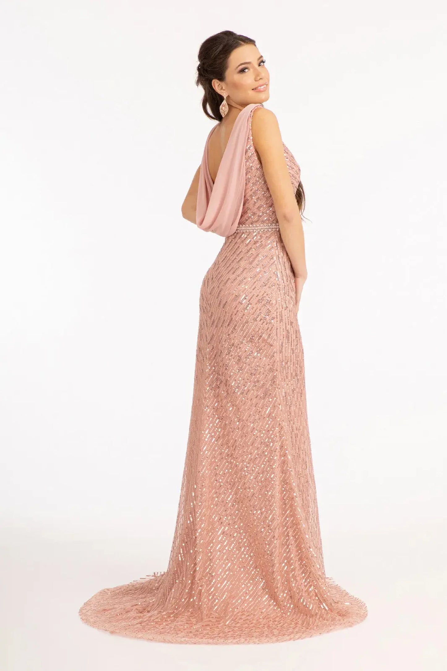 Dusty Rose mother of the bride dress featuring mesh skirt with mermaid shaping and beads, embroidery, sequin