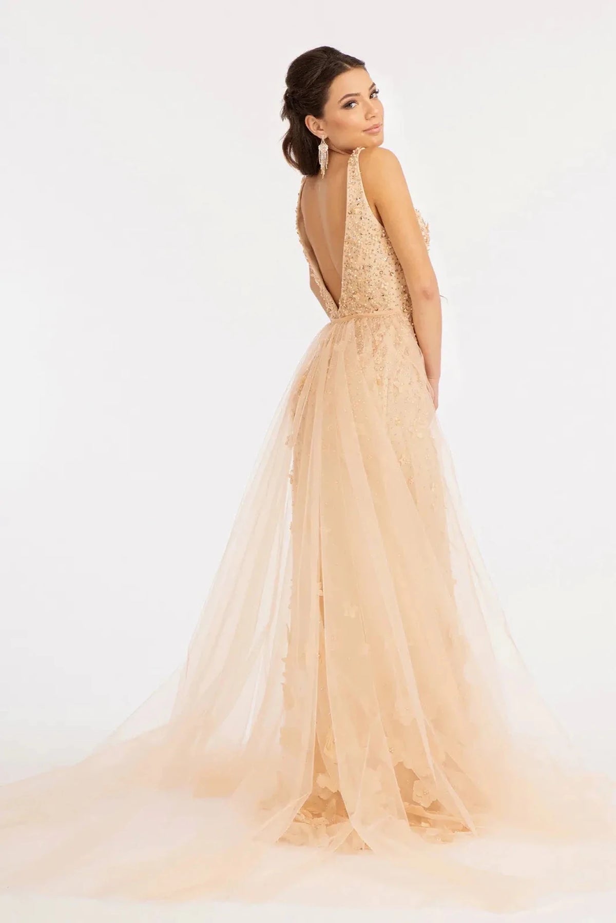 Champagne prom evening dress full back with open back