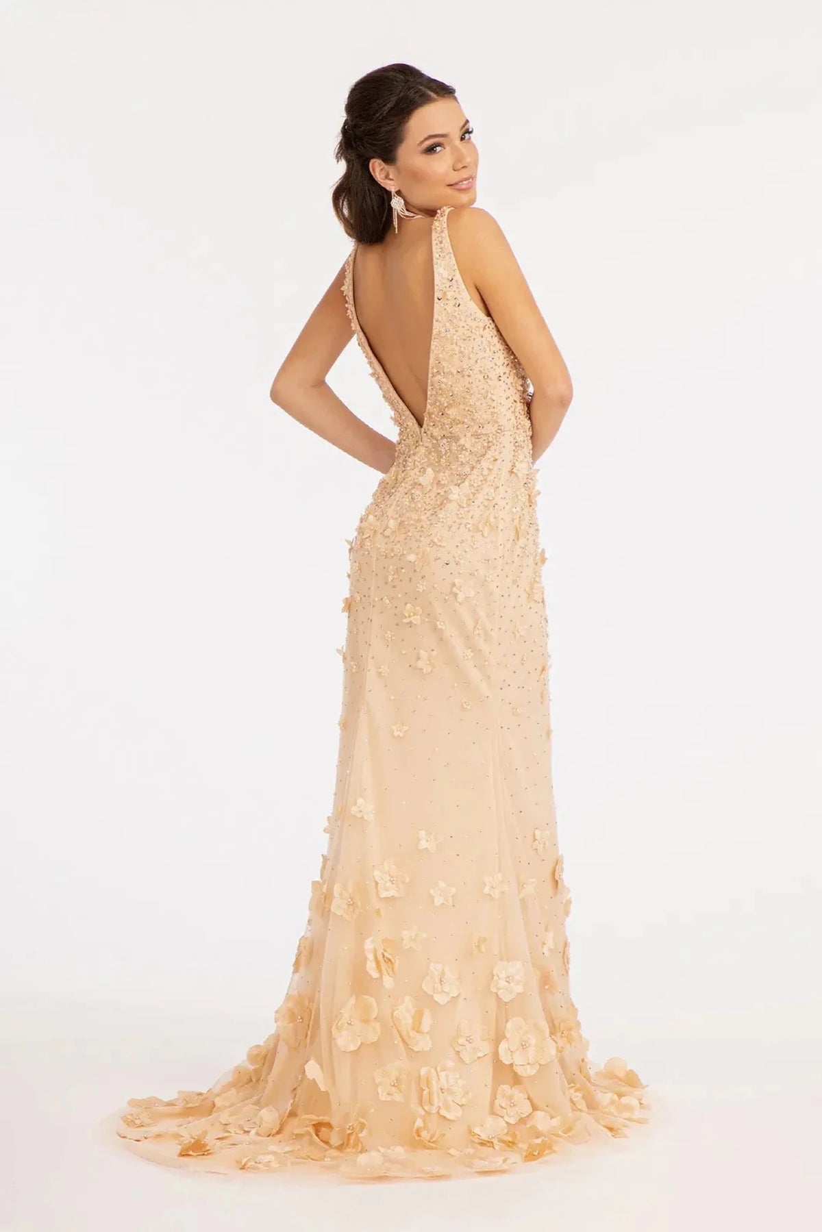 Champagne prom evening dress mermaid skirt detail