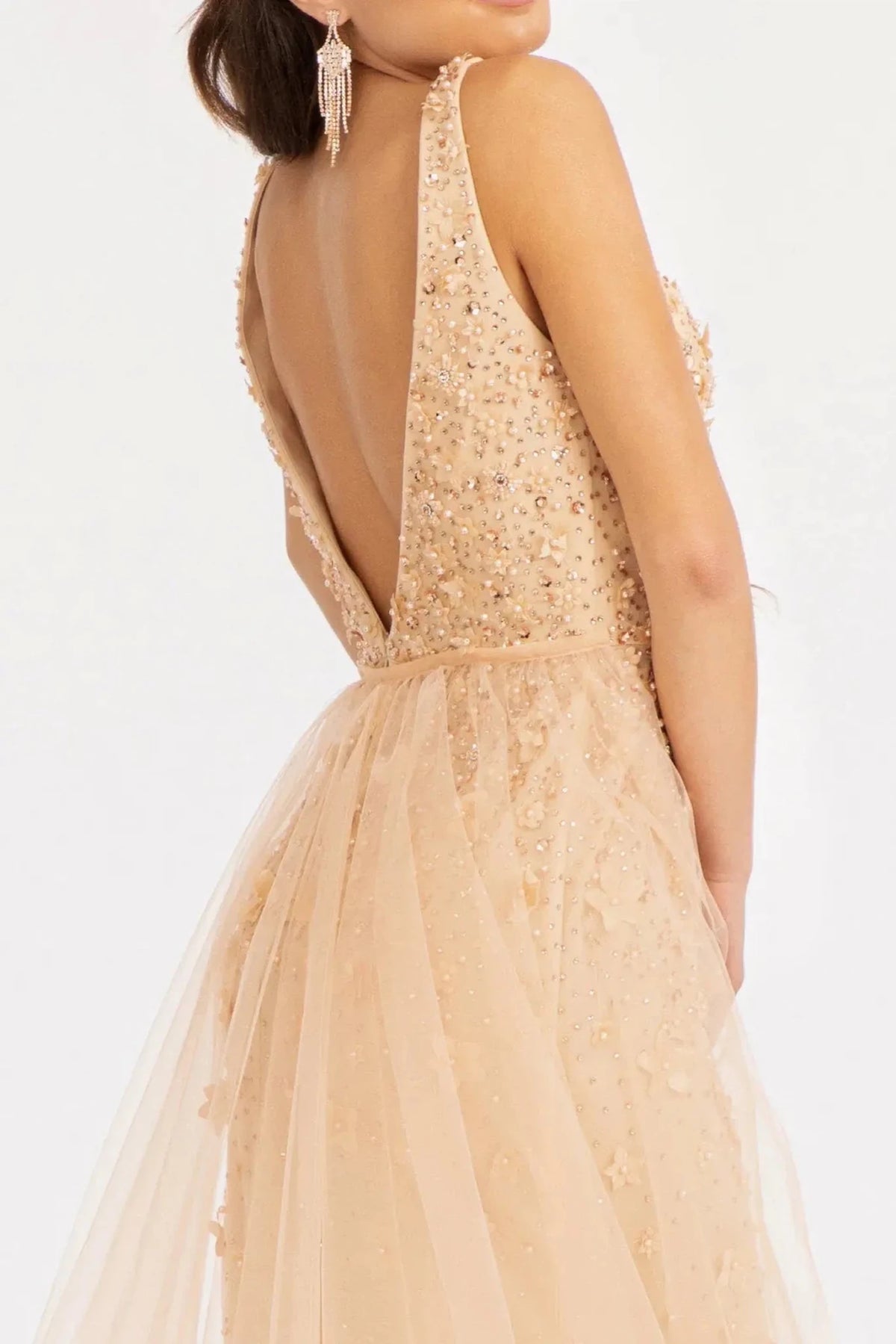 Champagne prom evening dress applique, beads, jewel detail