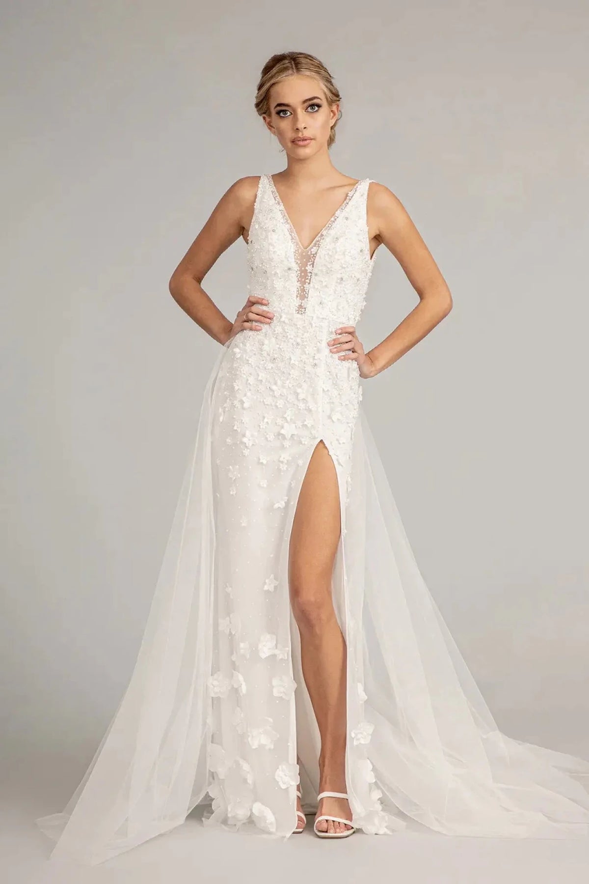 Ivory appliqué prom evening dress full front