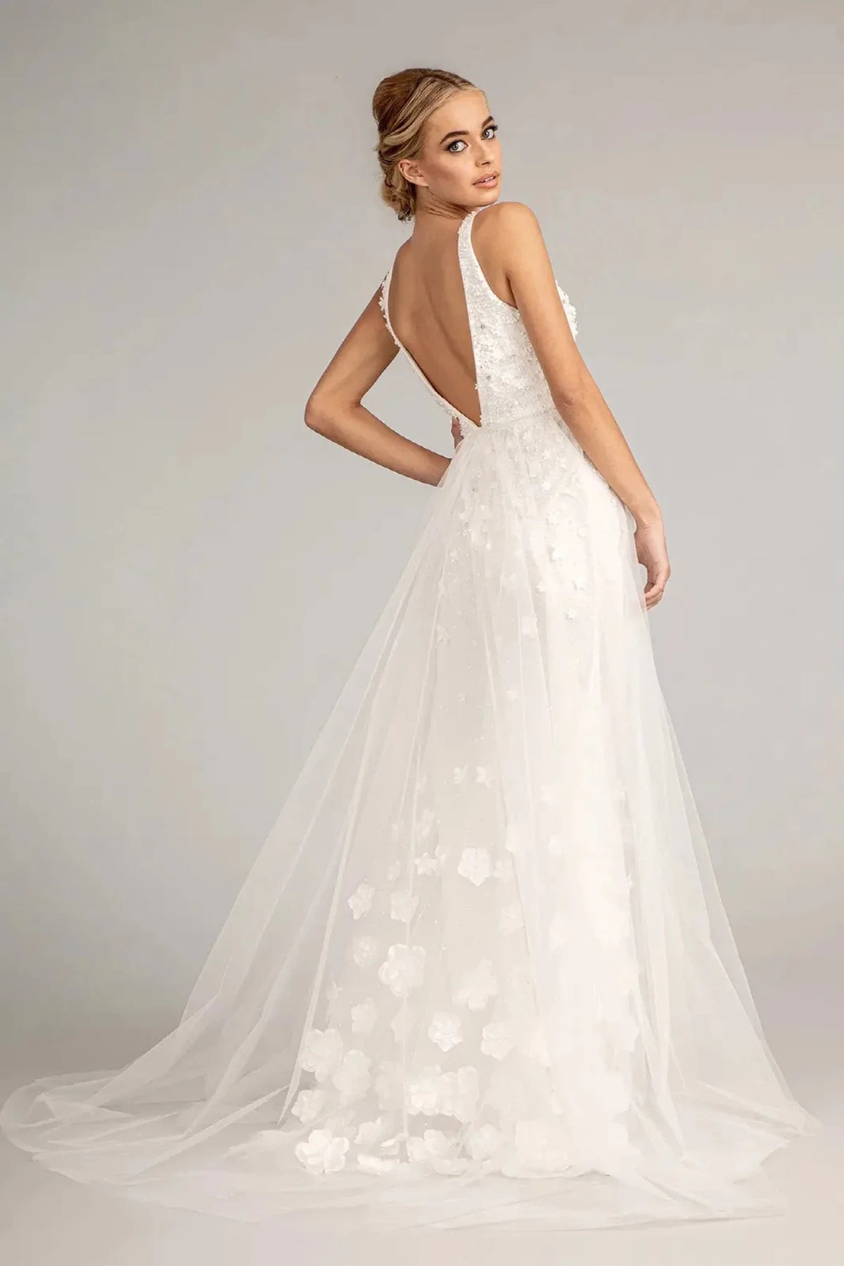 Ivory prom evening dress full back with open back