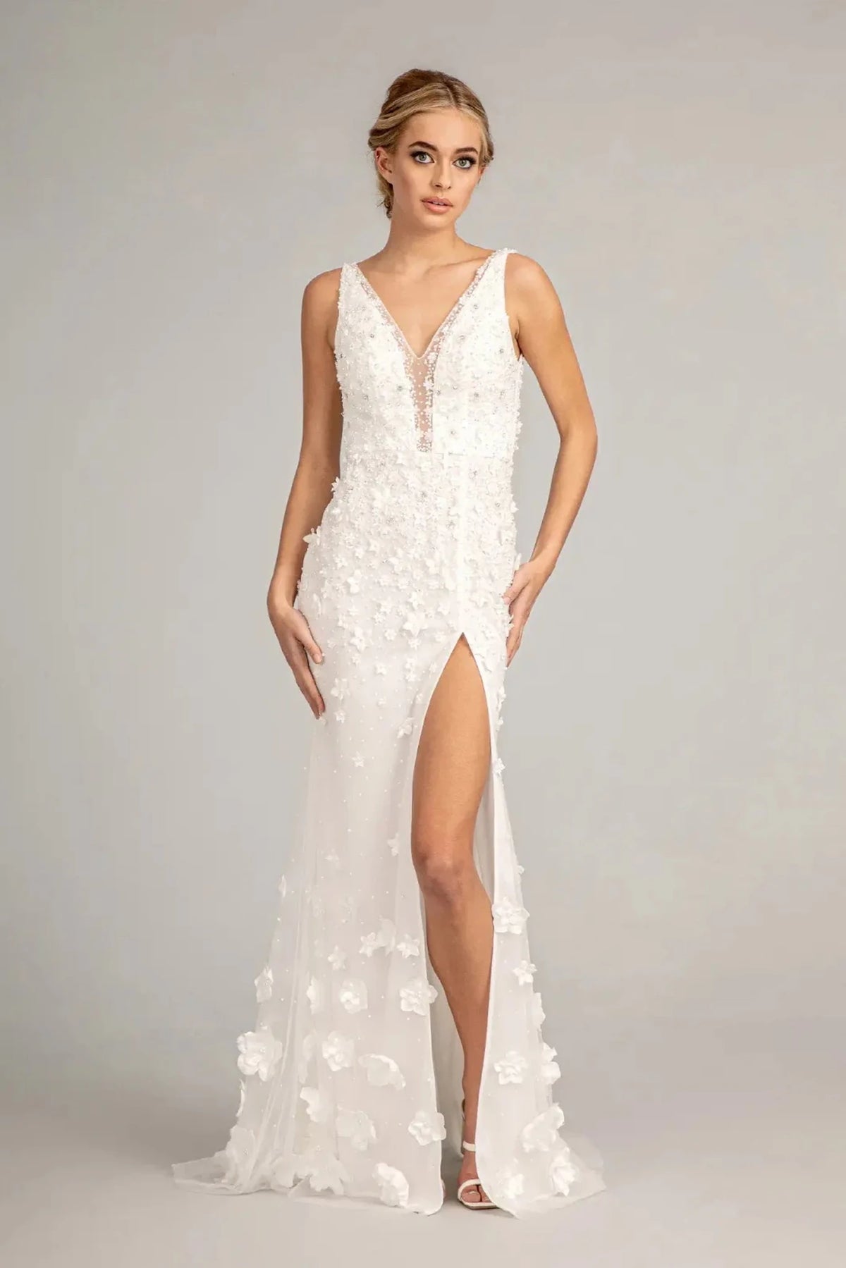 Ivory illusion v-neck prom evening dress upper front with applique, beads, jewel