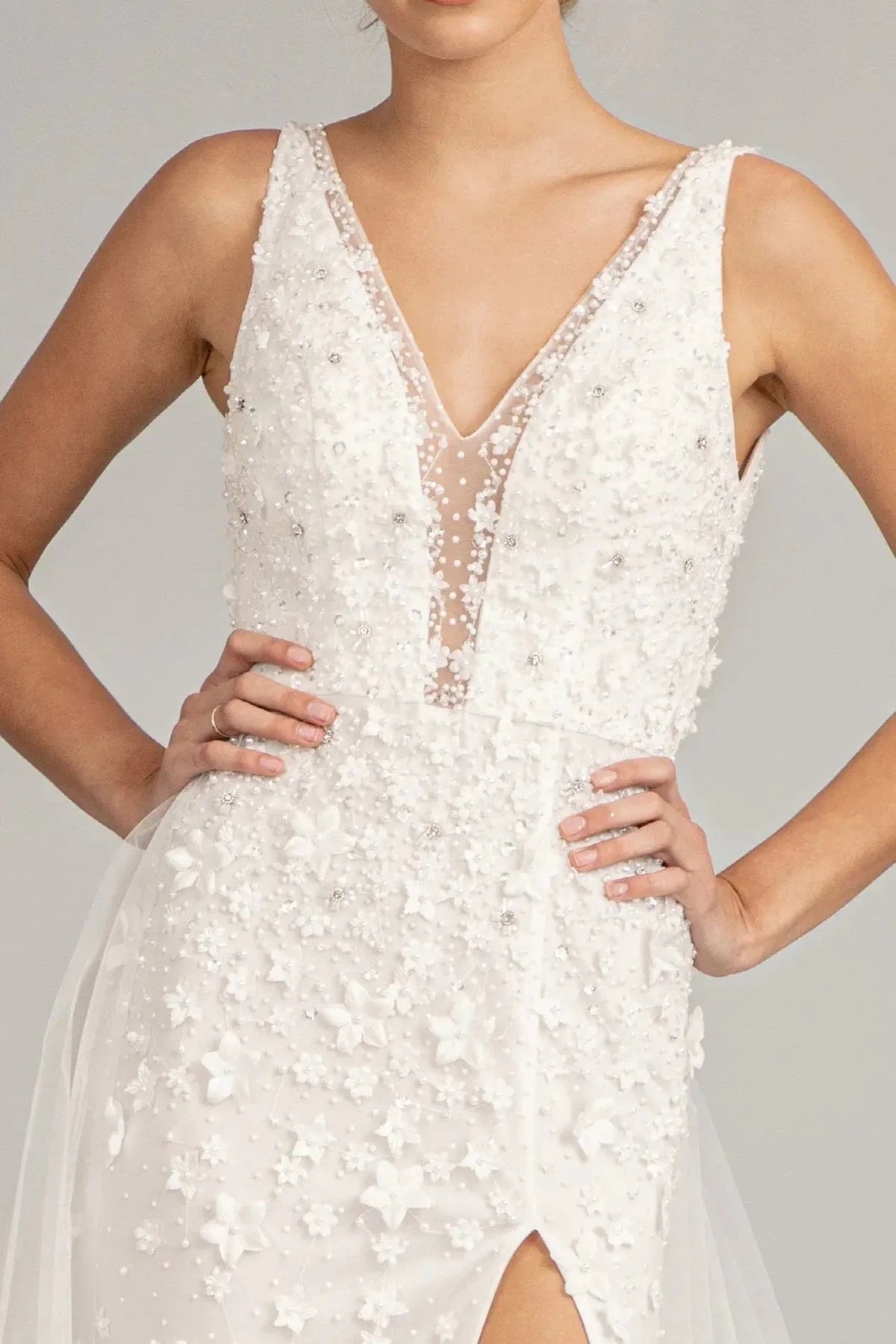 Ivory prom evening dress straps bodice detail