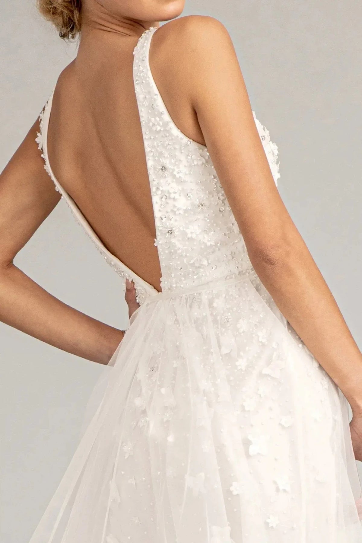 Ivory prom evening dress applique, beads, jewel detail