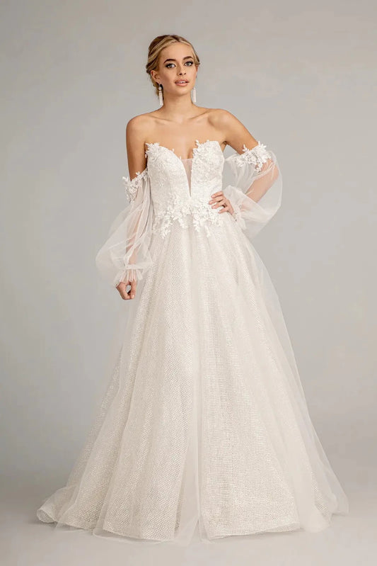 Full-length view highlights 3d floral sweetheart bodice on the Off-White formal dress.