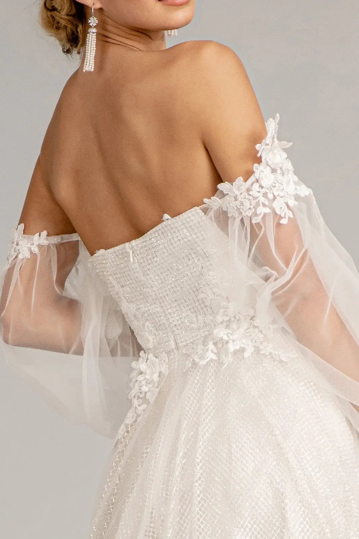 Off White mother of the bride dress with floral off-shoulder sleeves