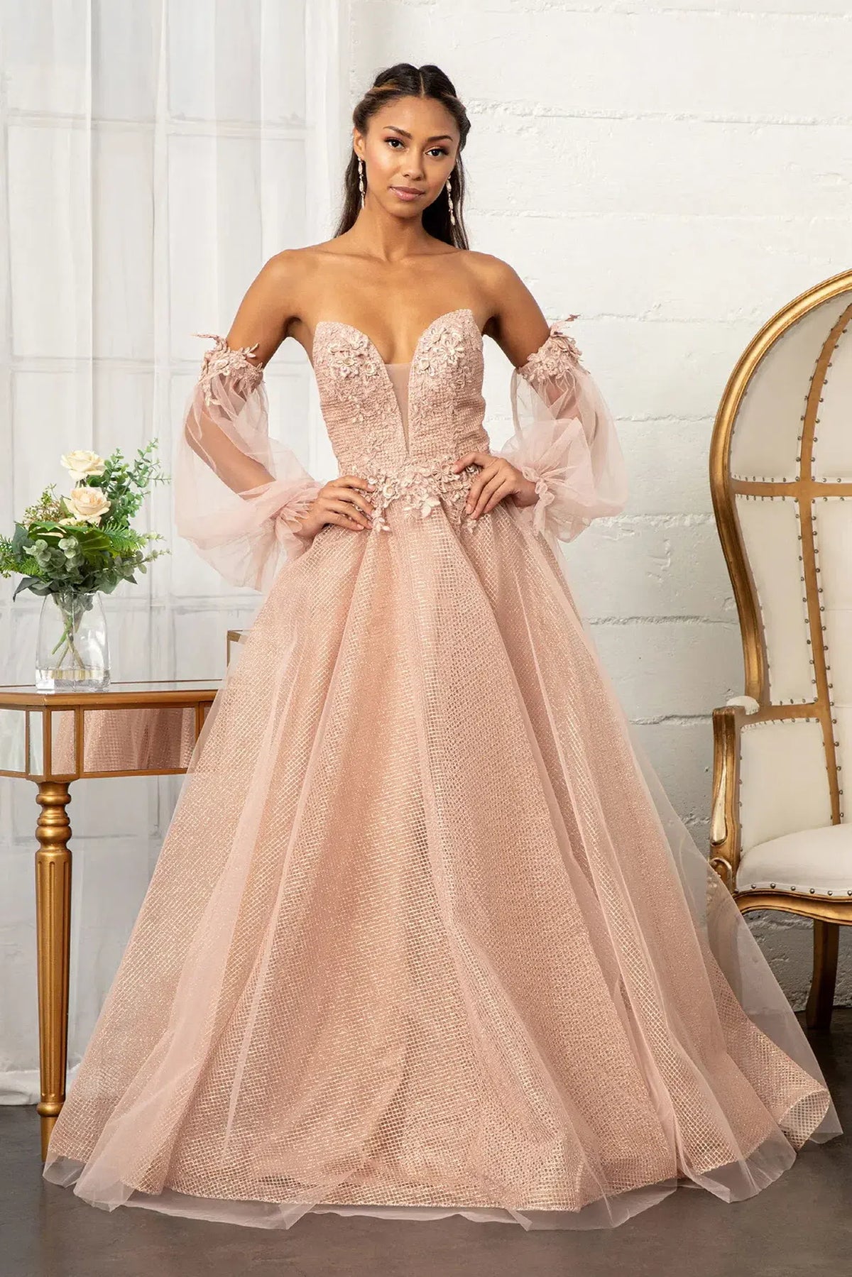 Rose Gold mother of the bride dress with a full glitter tulle A-line skirt