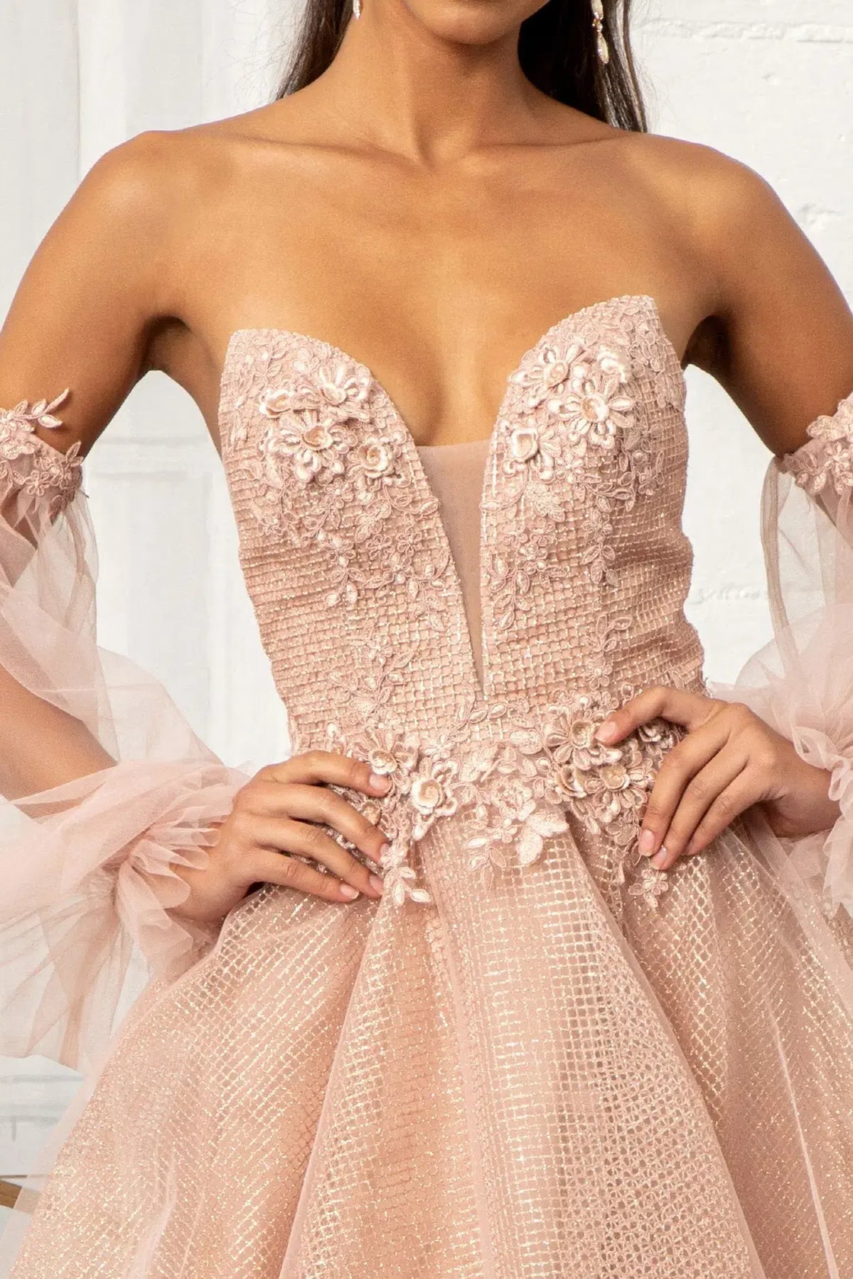 Rose Gold mother of the bride dress with 3D floral appliqué on the sweetheart bodice
