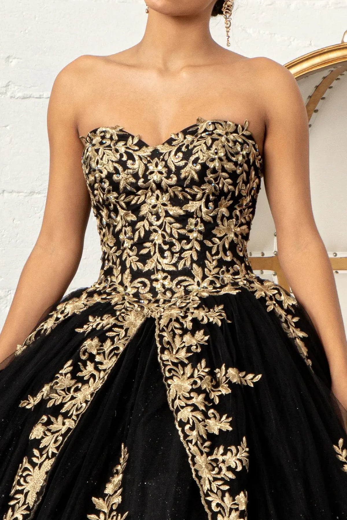 Full-length view presents the Black quinceañera ball gown with embroidered mesh cape.