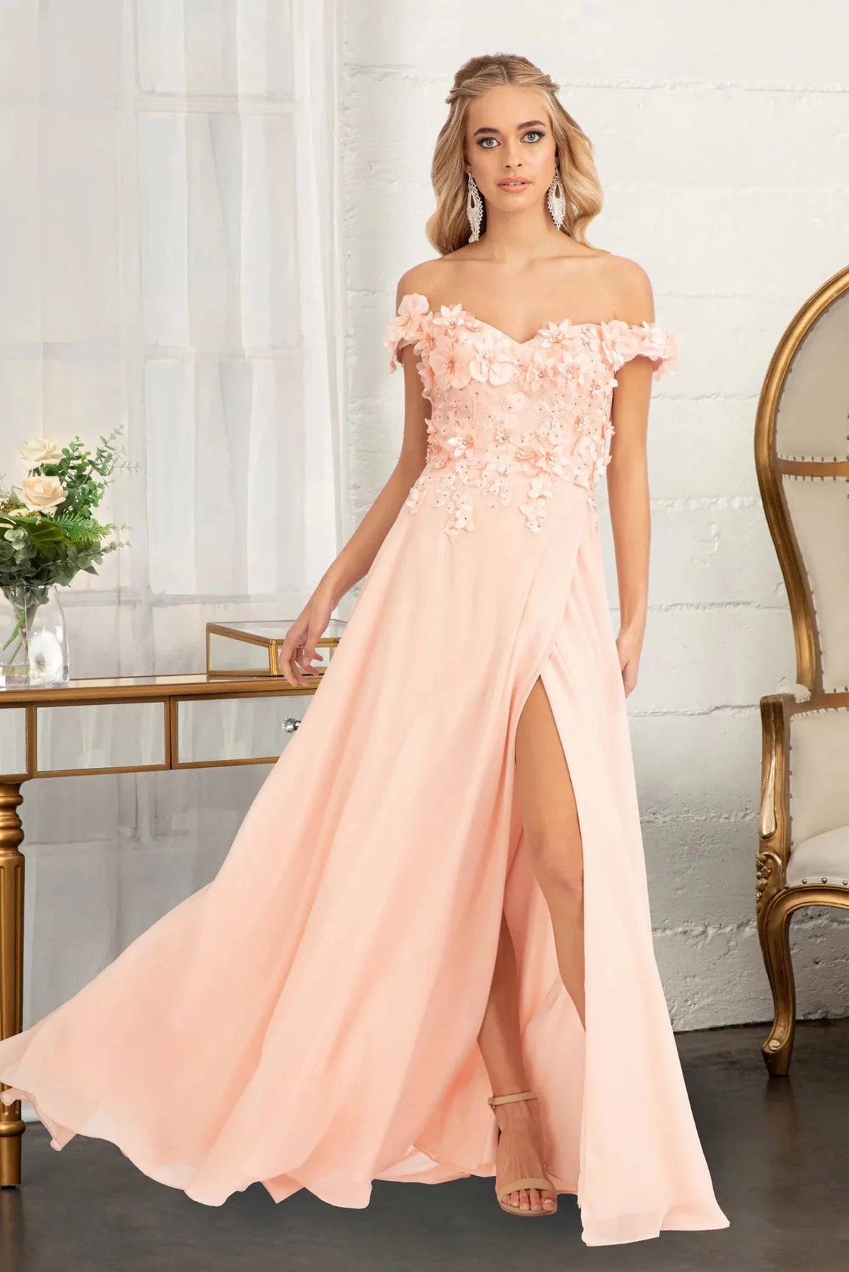 Blush appliqué off-shoulder prom evening dress full front