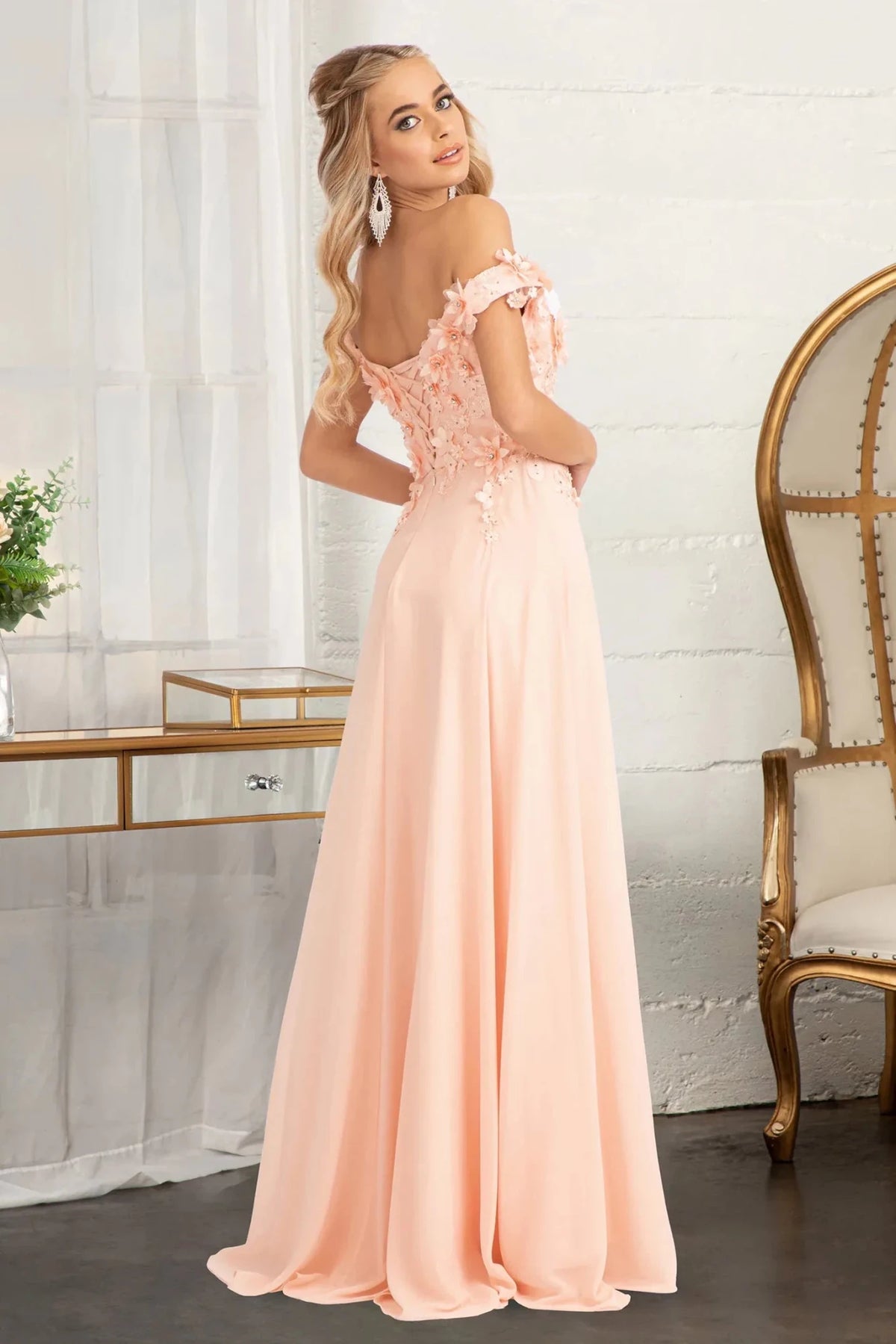 Blush prom evening dress full back with back detail