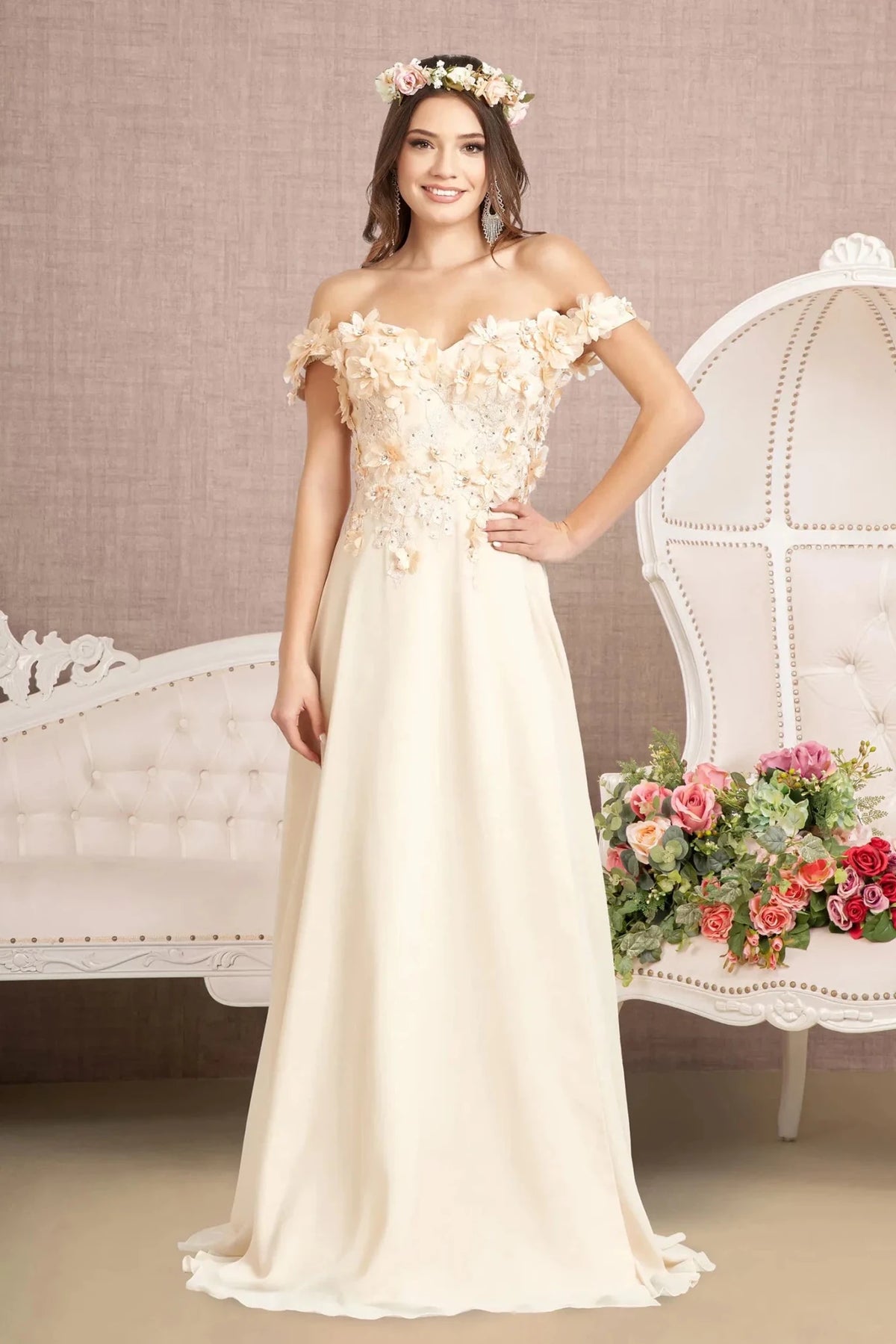 Champagne appliqué off-shoulder prom evening dress full front