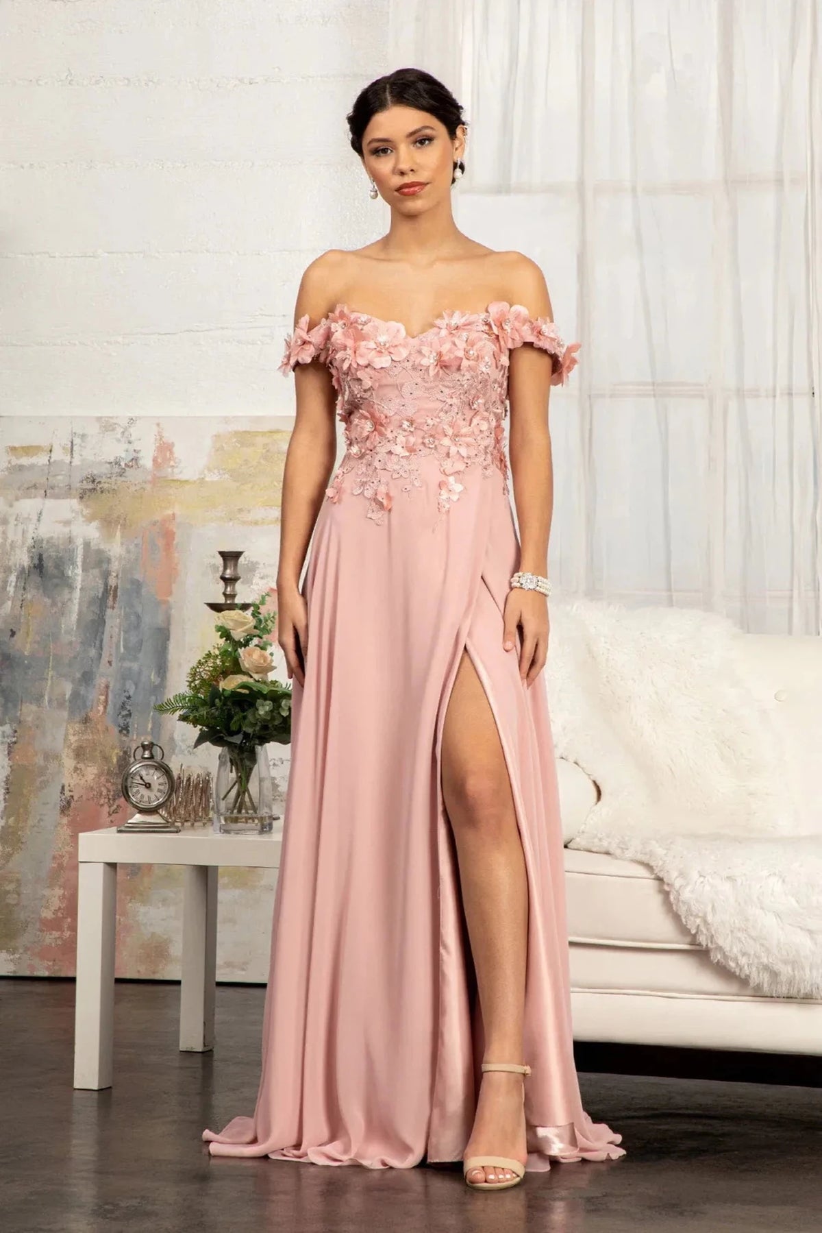 Dusty Rose appliqué off-shoulder prom evening dress full front