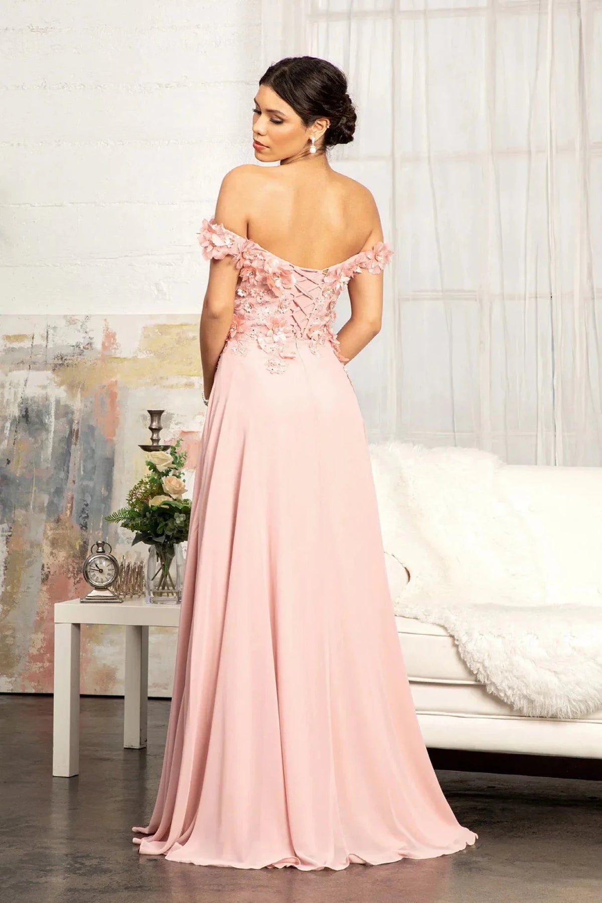 Dusty Rose prom evening dress full back with back detail